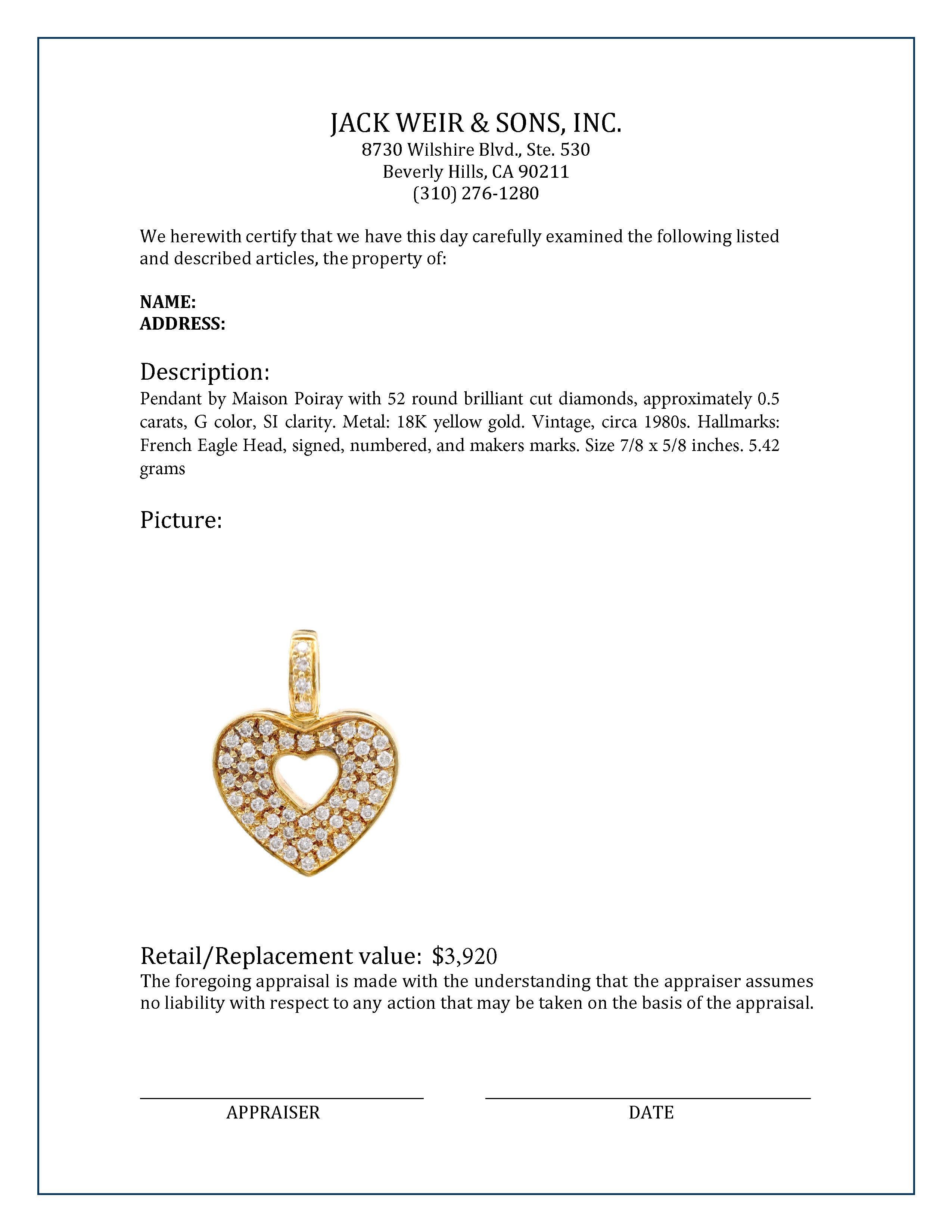 Maison Poiray French Vintage Diamond 18K Yellow Gold Heart Pendant In Excellent Condition In Beverly Hills, CA