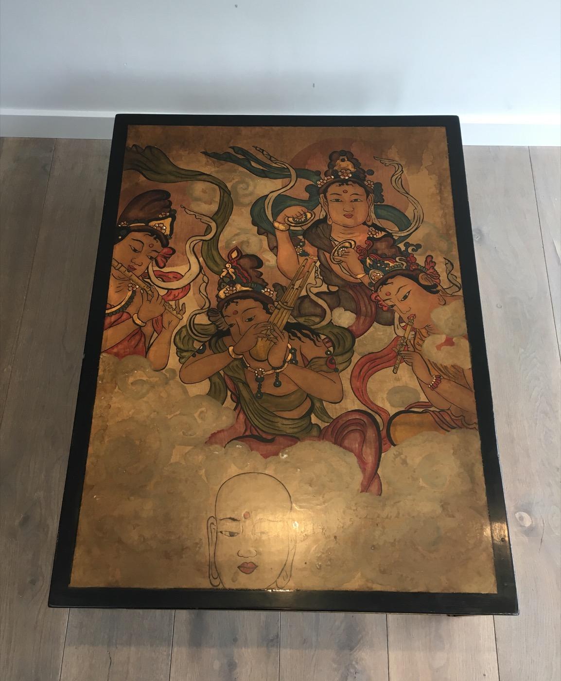 Maison Ramsay, Amazing Unique Coffee Table with Lacquered Top Showing Tibetans 14