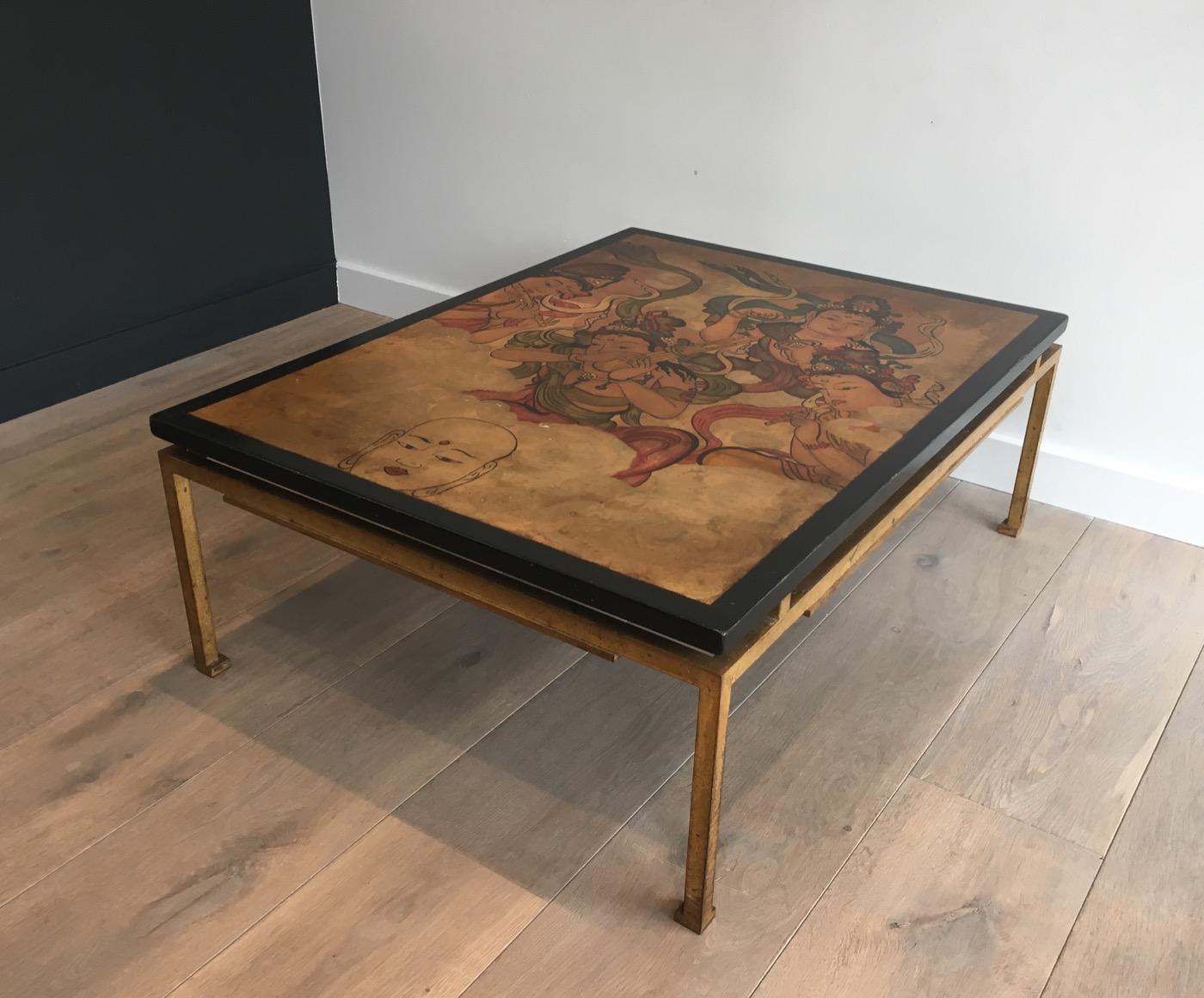 Maison Ramsay, Amazing Unique Coffee Table with Lacquered Top Showing Tibetans In Good Condition In Marcq-en-Barœul, Hauts-de-France