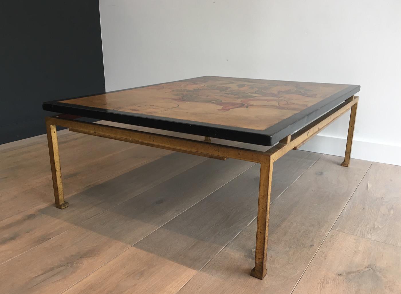 Mid-20th Century Maison Ramsay, Amazing Unique Coffee Table with Lacquered Top Showing Tibetans