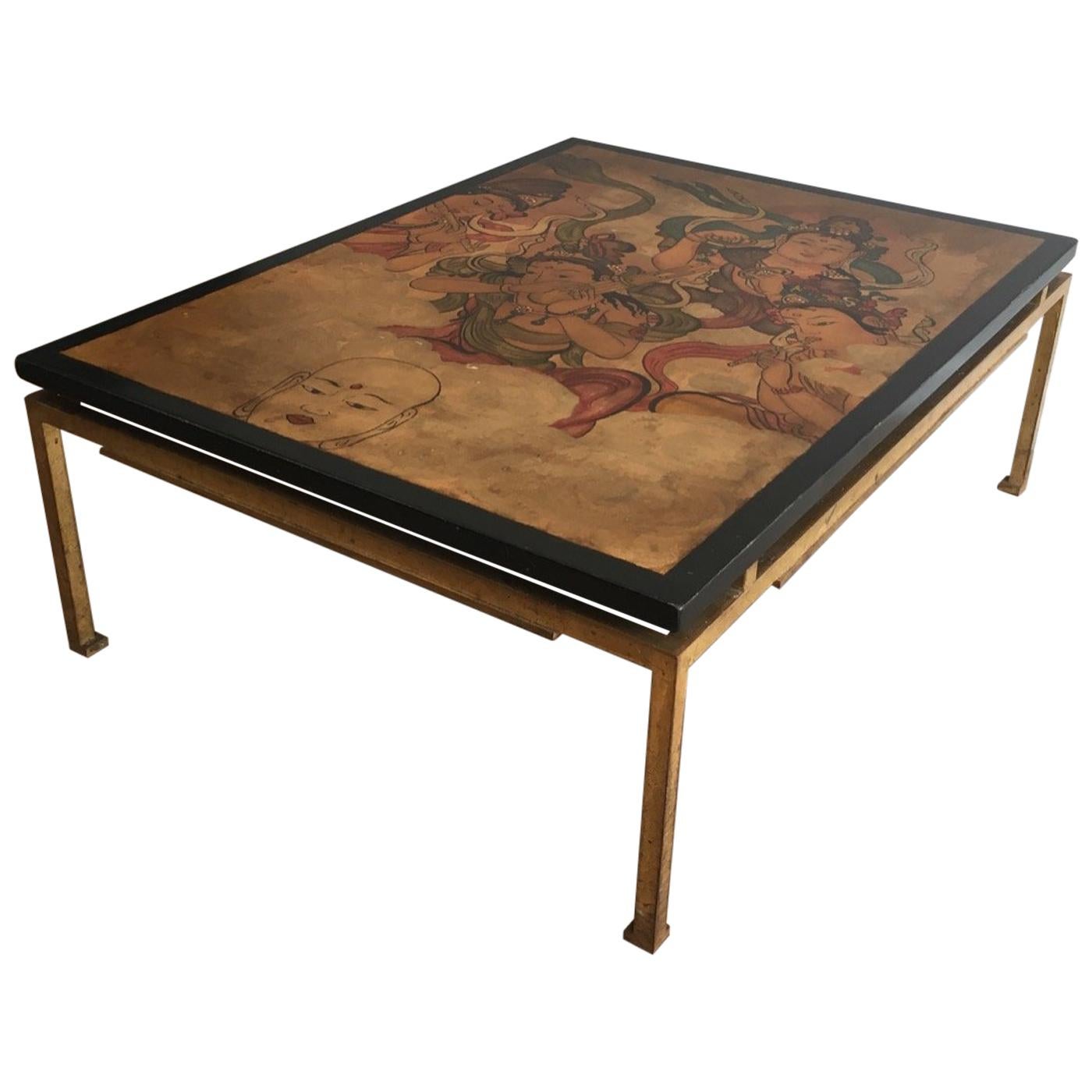 Maison Ramsay, Amazing Unique Coffee Table with Lacquered Top Showing Tibetans