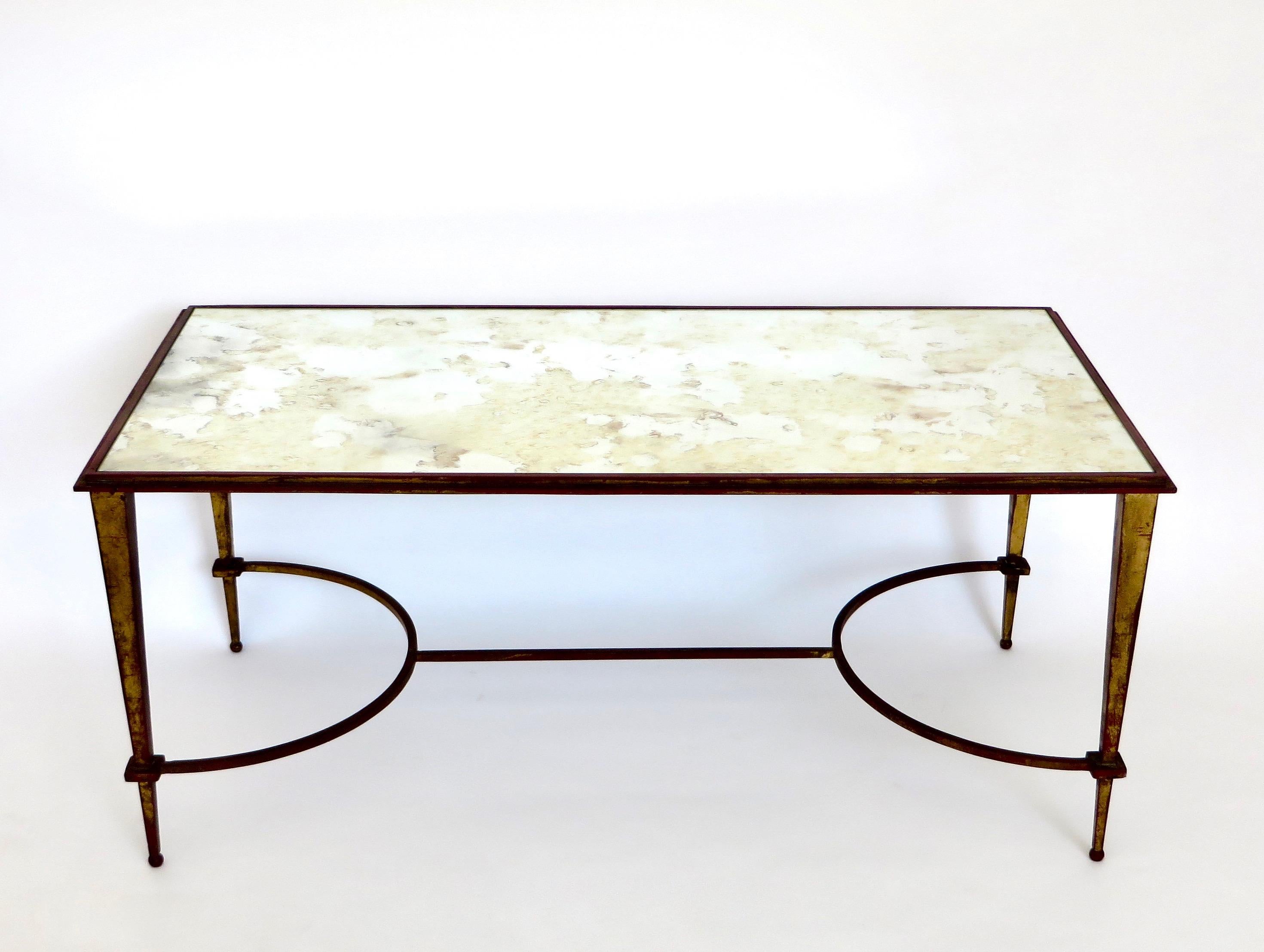 Maison Ramsay French Coffee Table Gilded Iron and Reverse Painted Mirrored Top 4
