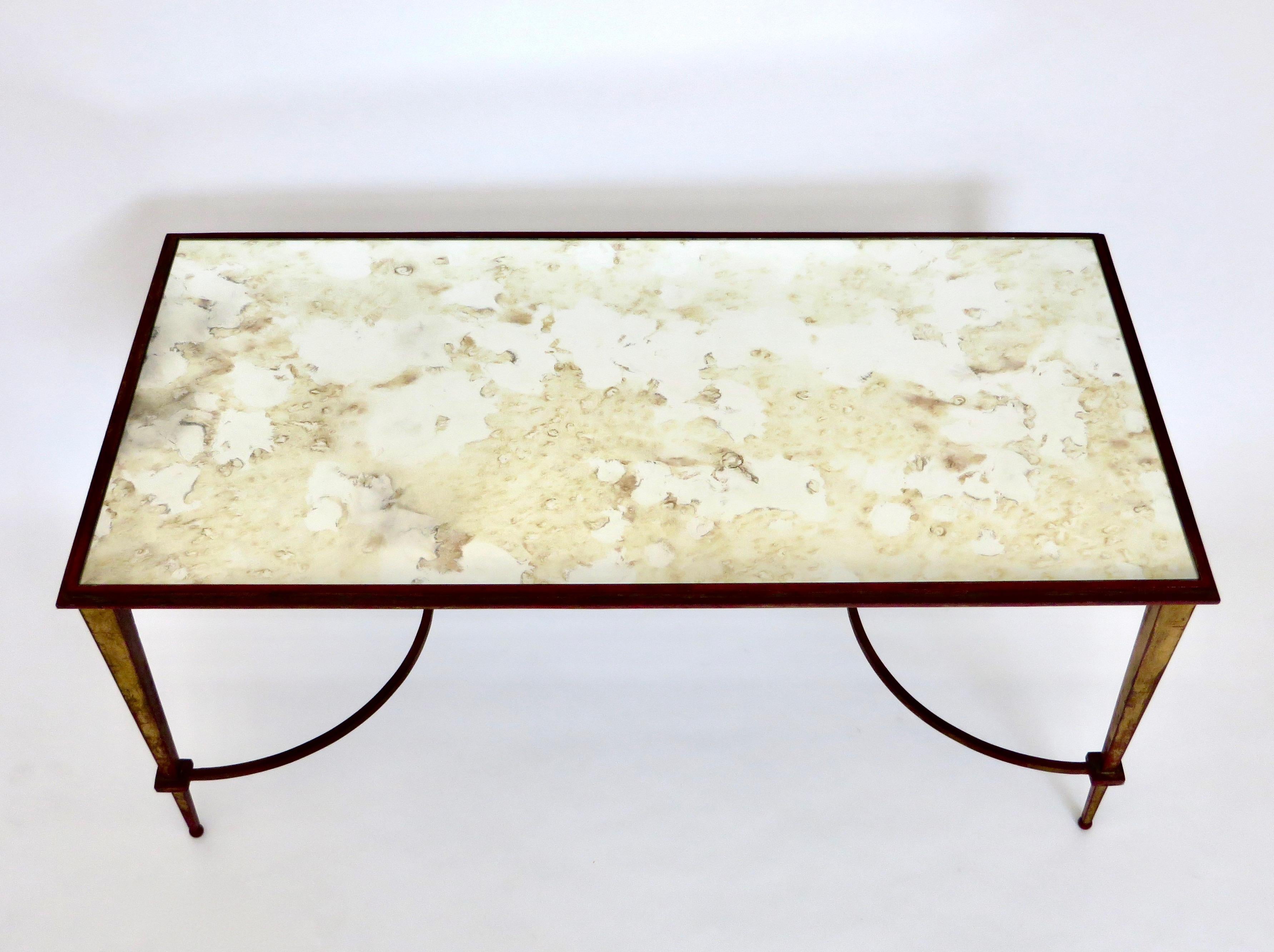 Maison Ramsay French Coffee Table Gilded Iron and Reverse Painted Mirrored Top 5