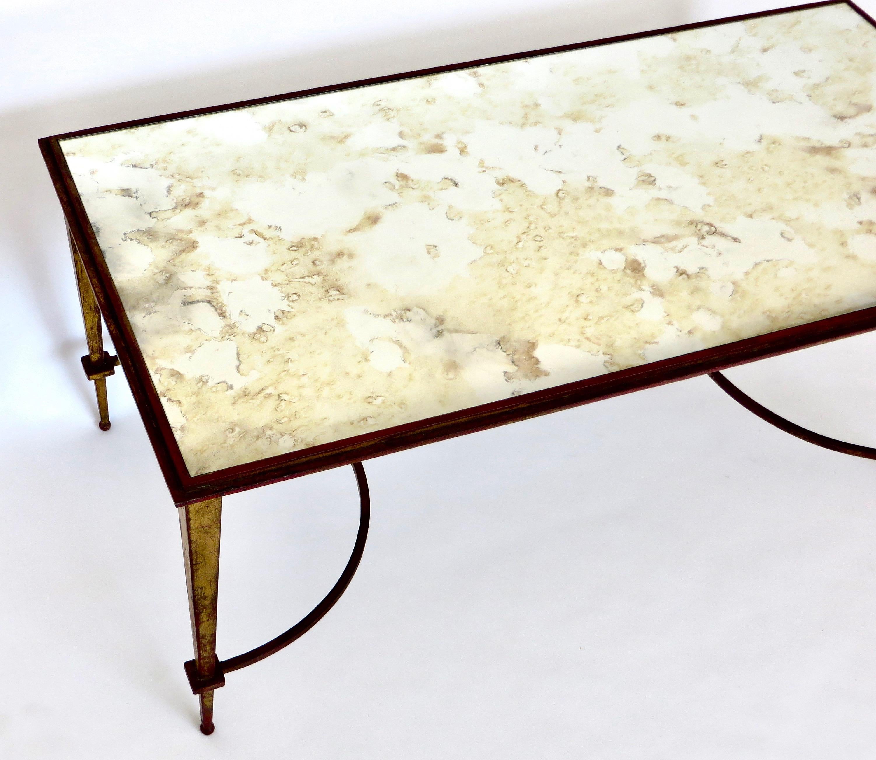 Maison Ramsay French Coffee Table Gilded Iron and Reverse Painted Mirrored Top 9