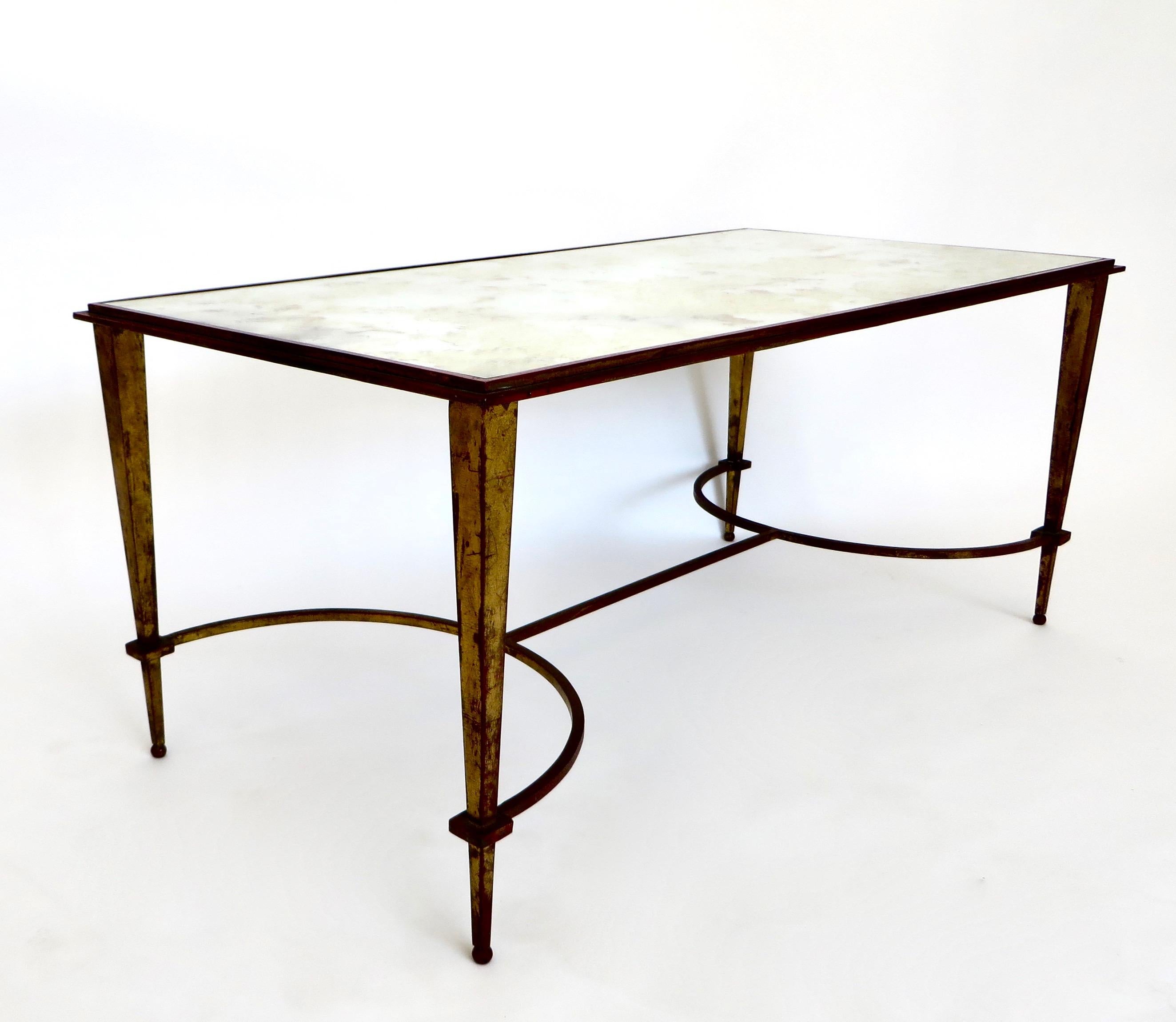 Mid-Century Modern Maison Ramsay French Coffee Table Gilded Iron and Reverse Painted Mirrored Top