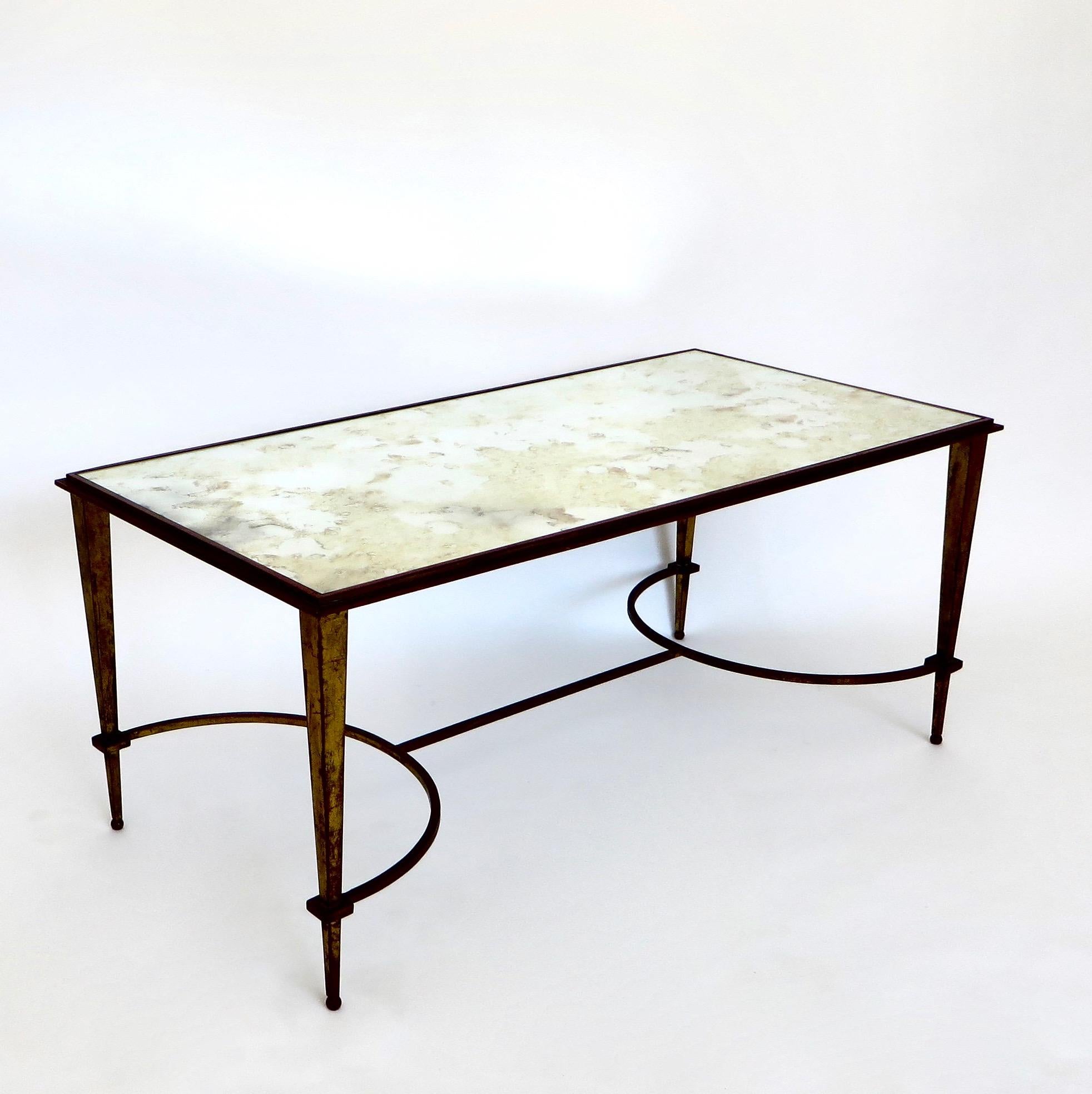 Gilt Maison Ramsay French Coffee Table Gilded Iron and Reverse Painted Mirrored Top