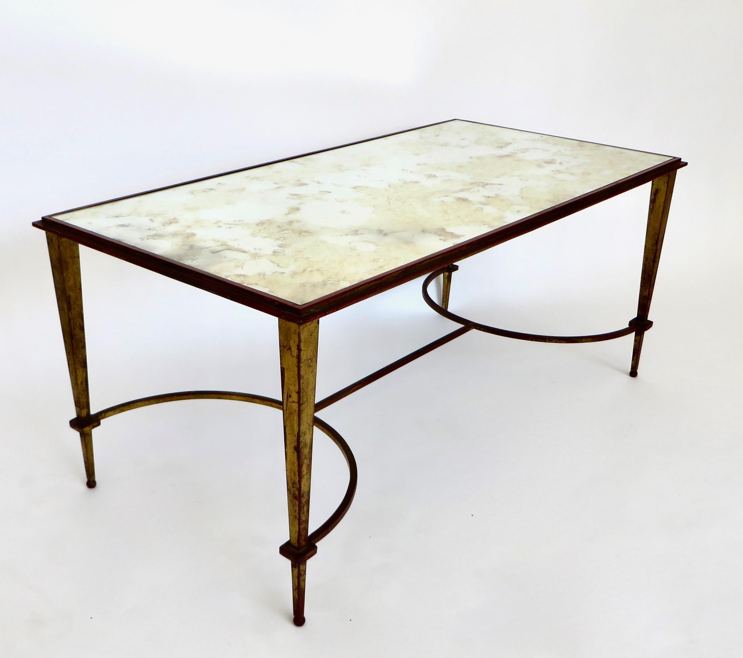 Maison Ramsay French Coffee Table Gilded Iron and Reverse Painted Mirrored Top In Good Condition In Chicago, IL