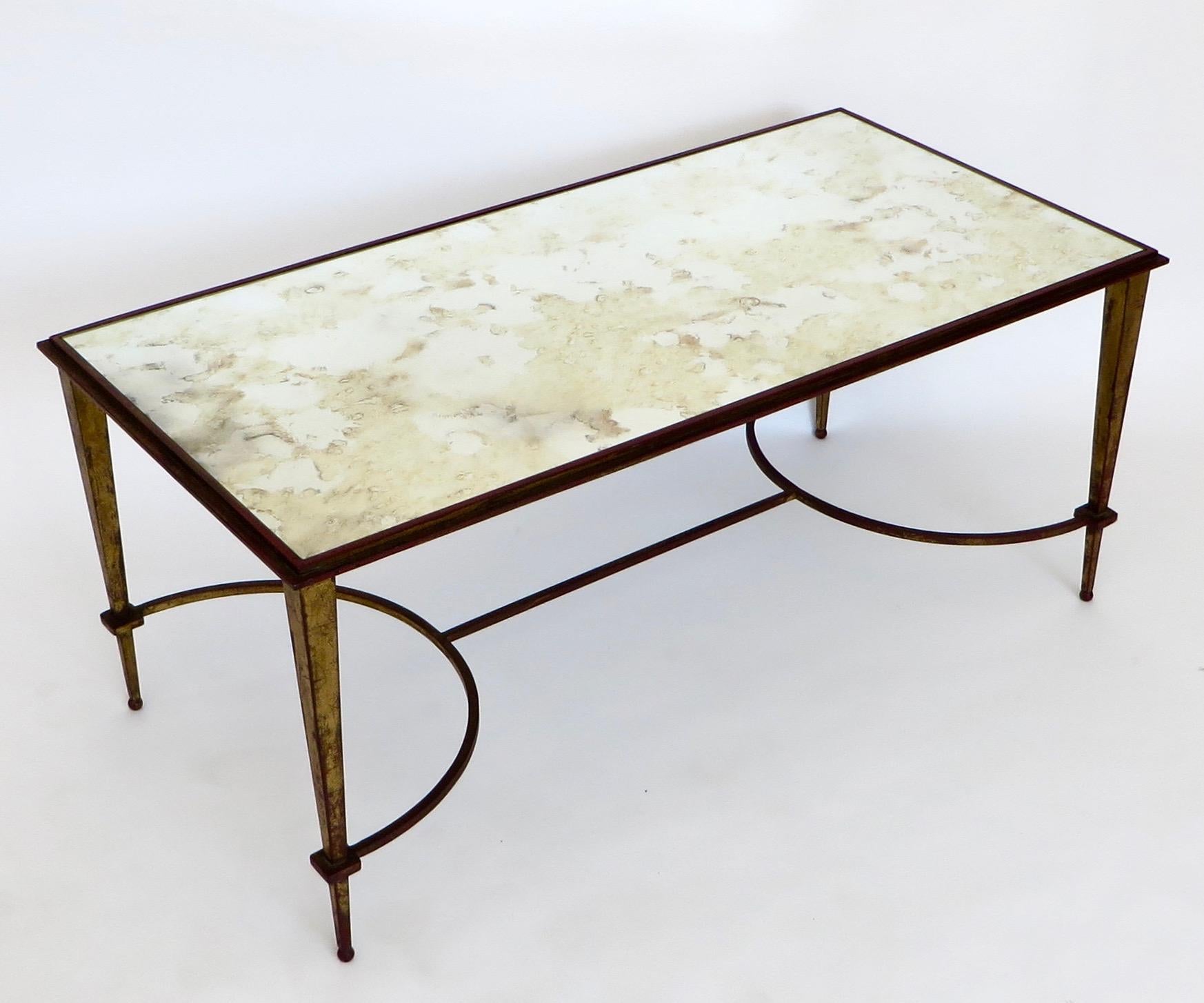 Mid-20th Century Maison Ramsay French Coffee Table Gilded Iron and Reverse Painted Mirrored Top