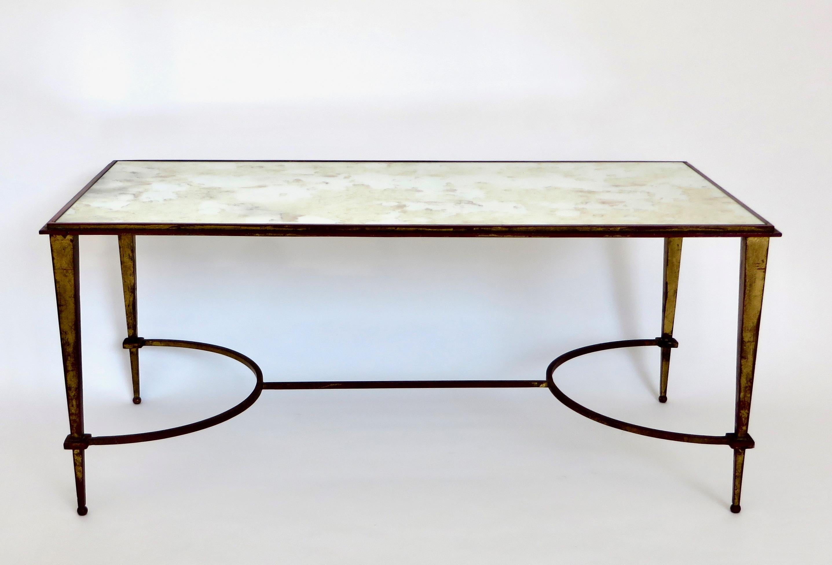 Maison Ramsay French Coffee Table Gilded Iron and Reverse Painted Mirrored Top 2