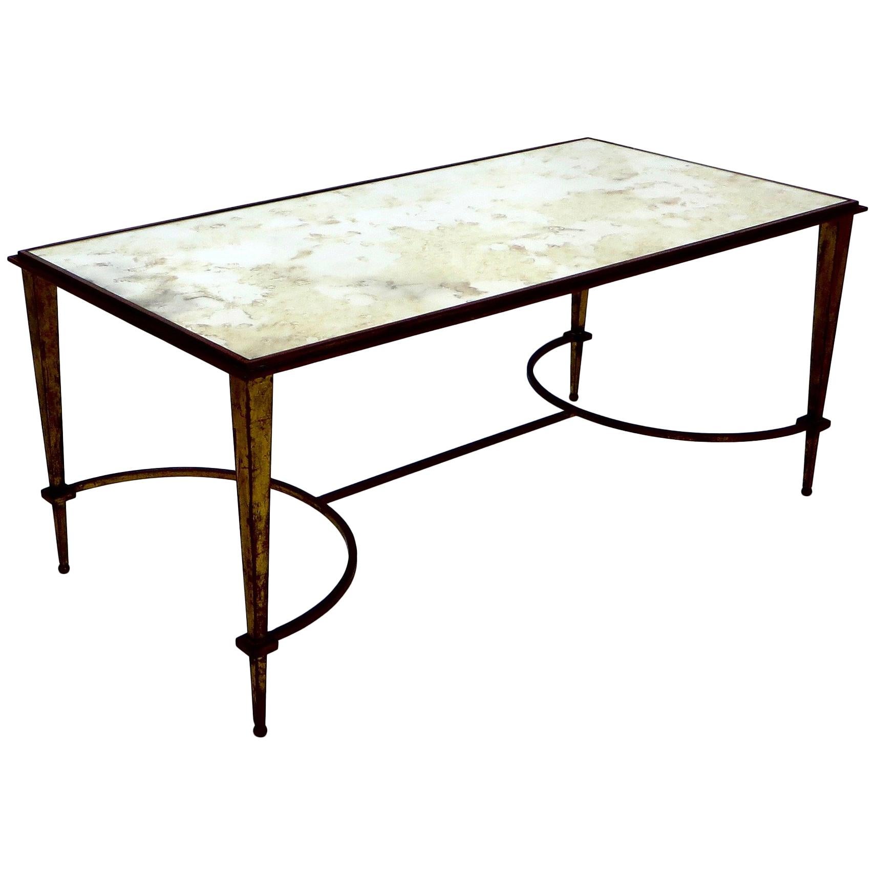Maison Ramsay French Coffee Table Gilded Iron and Reverse Painted Mirrored Top