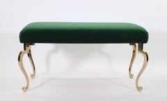 Maison Ramsay Hollywood Regency Bronze Bench in Emerald Green Velvet Upholstery