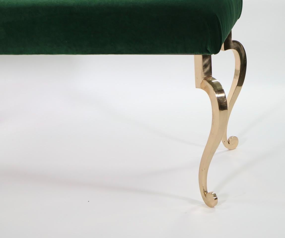 French Maison Ramsay Hollywood Regency Bronze Bench in Emerald Green Velvet Upholstery