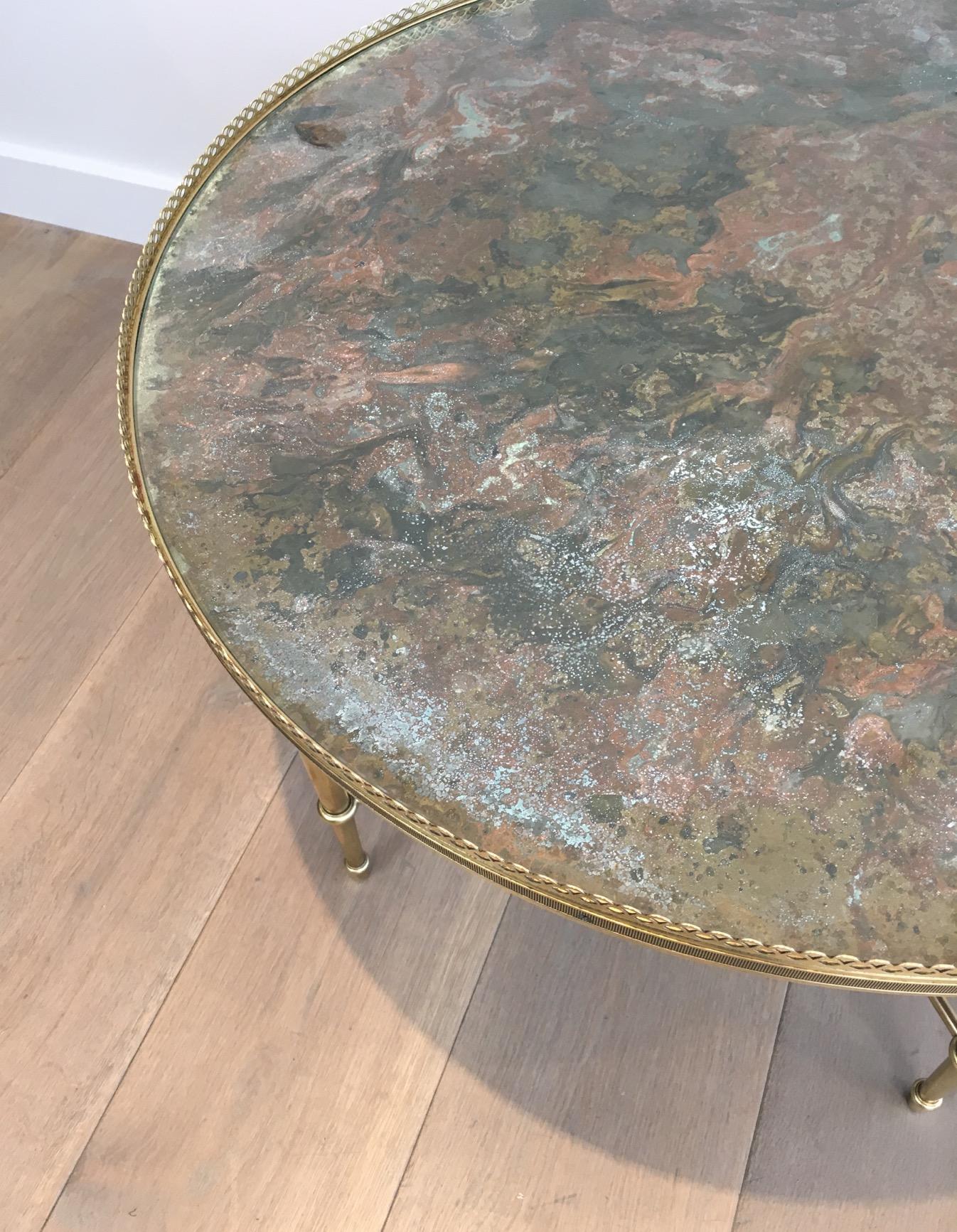 Maison Ramsay, Neoclassical Round Brass Coffee Table with Eglomized Glass Top 2