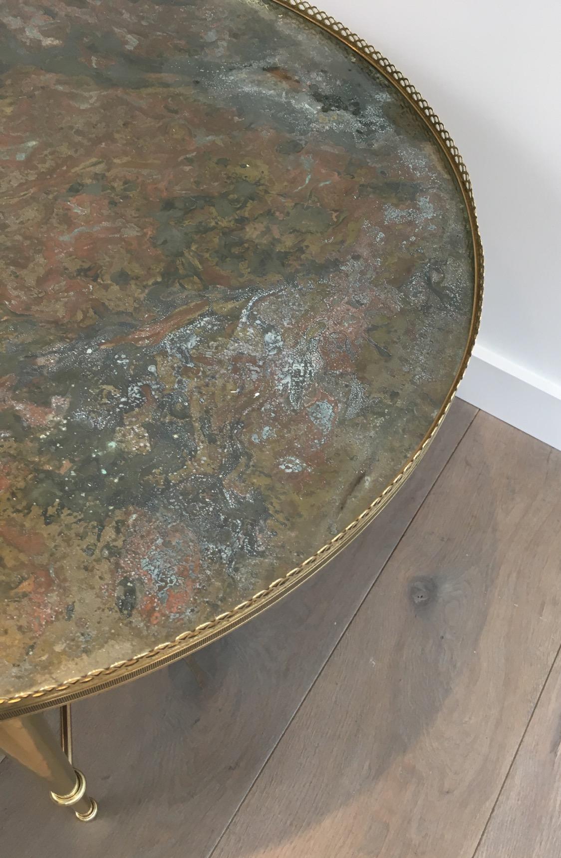 Maison Ramsay, Neoclassical Round Brass Coffee Table with Eglomized Glass Top 3