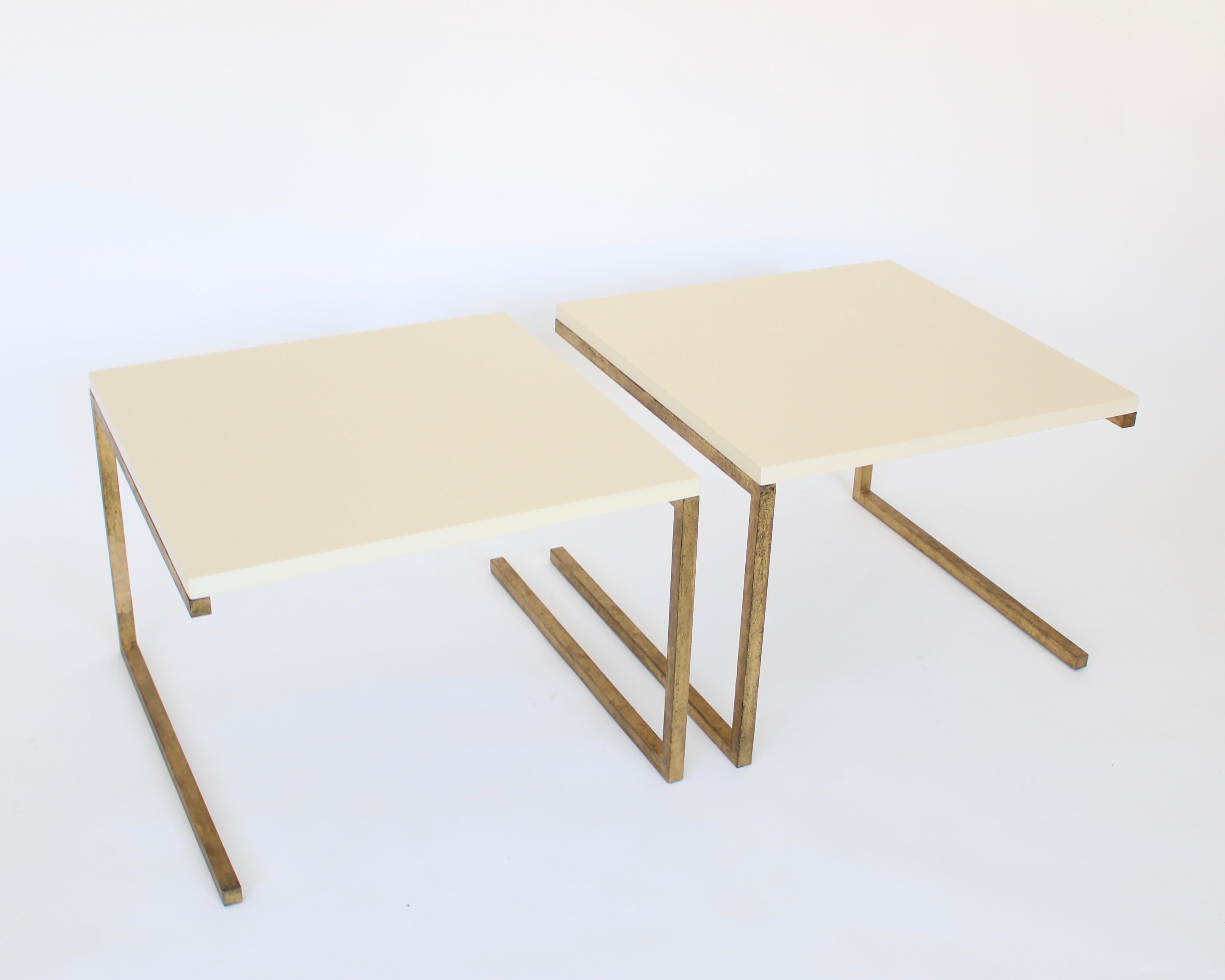 Mid-Century Modern Maison Ramsay Side Tables Pair of Cream Lacquered Top Gilded Iron Frame Work