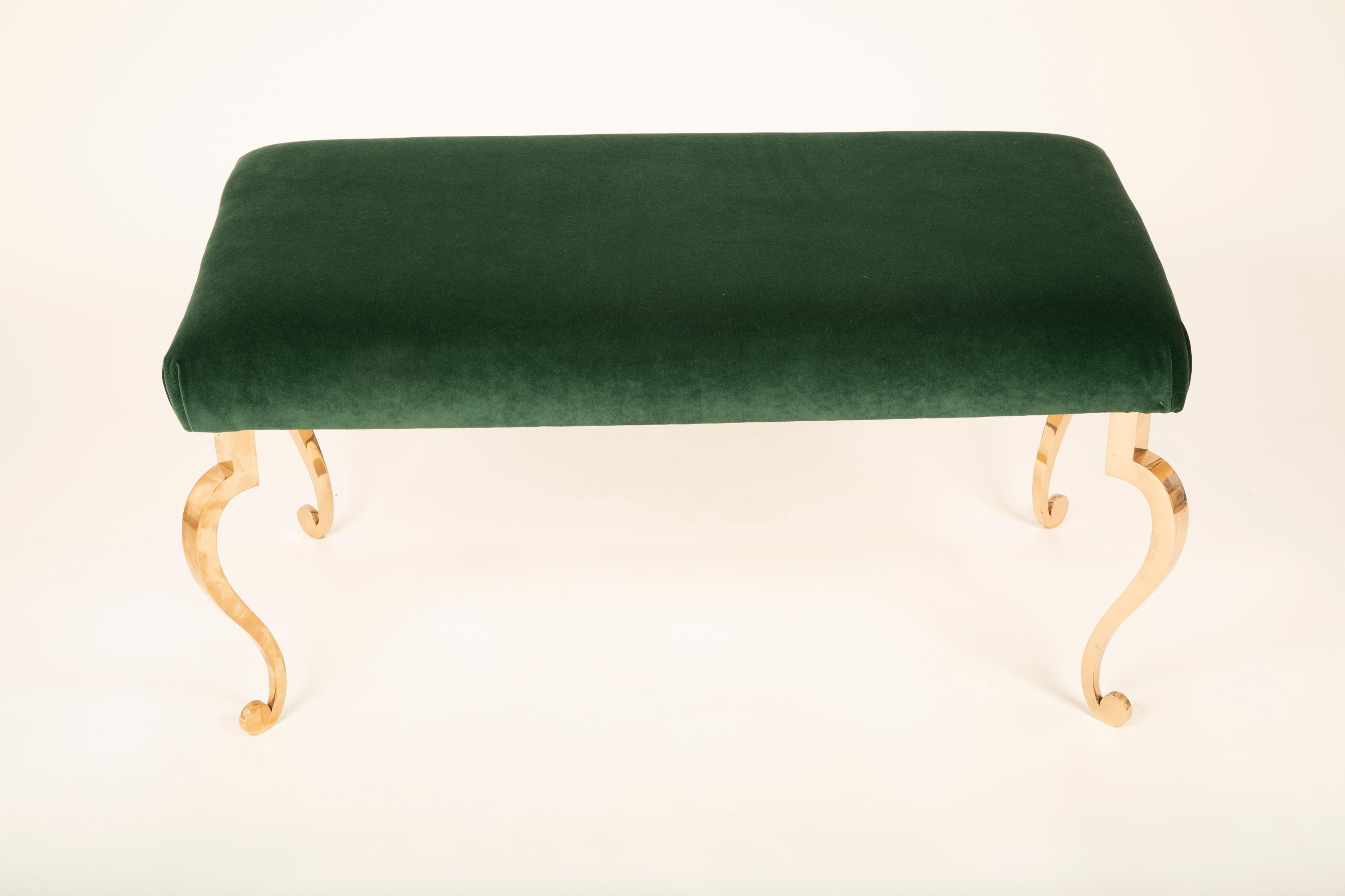 French Maison Ramsay Style Bench with Velvet Upholstery and Polished Bronze Legs