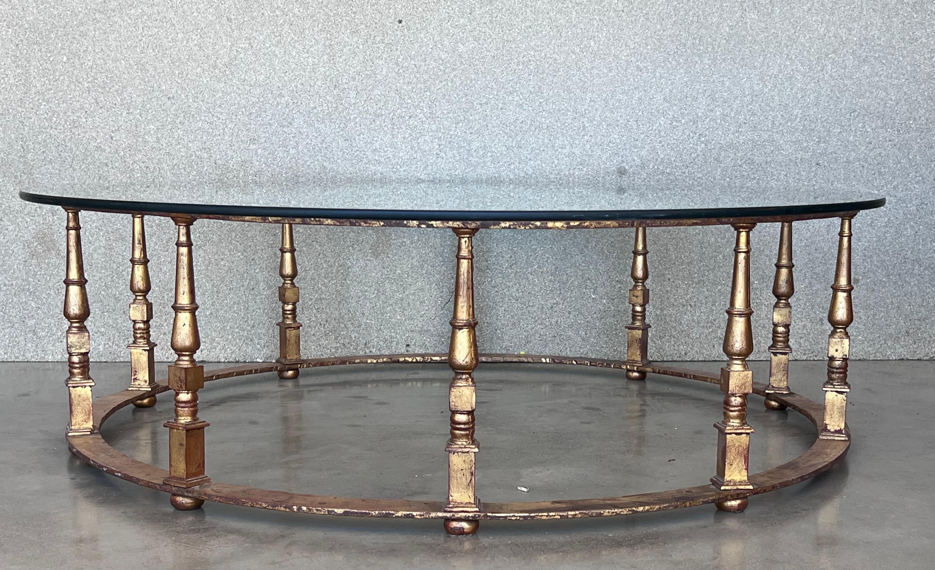 French Provincial Maison Ramsay Style Round Iron Coffee Table Gold Leaf Finishing with Glass Top