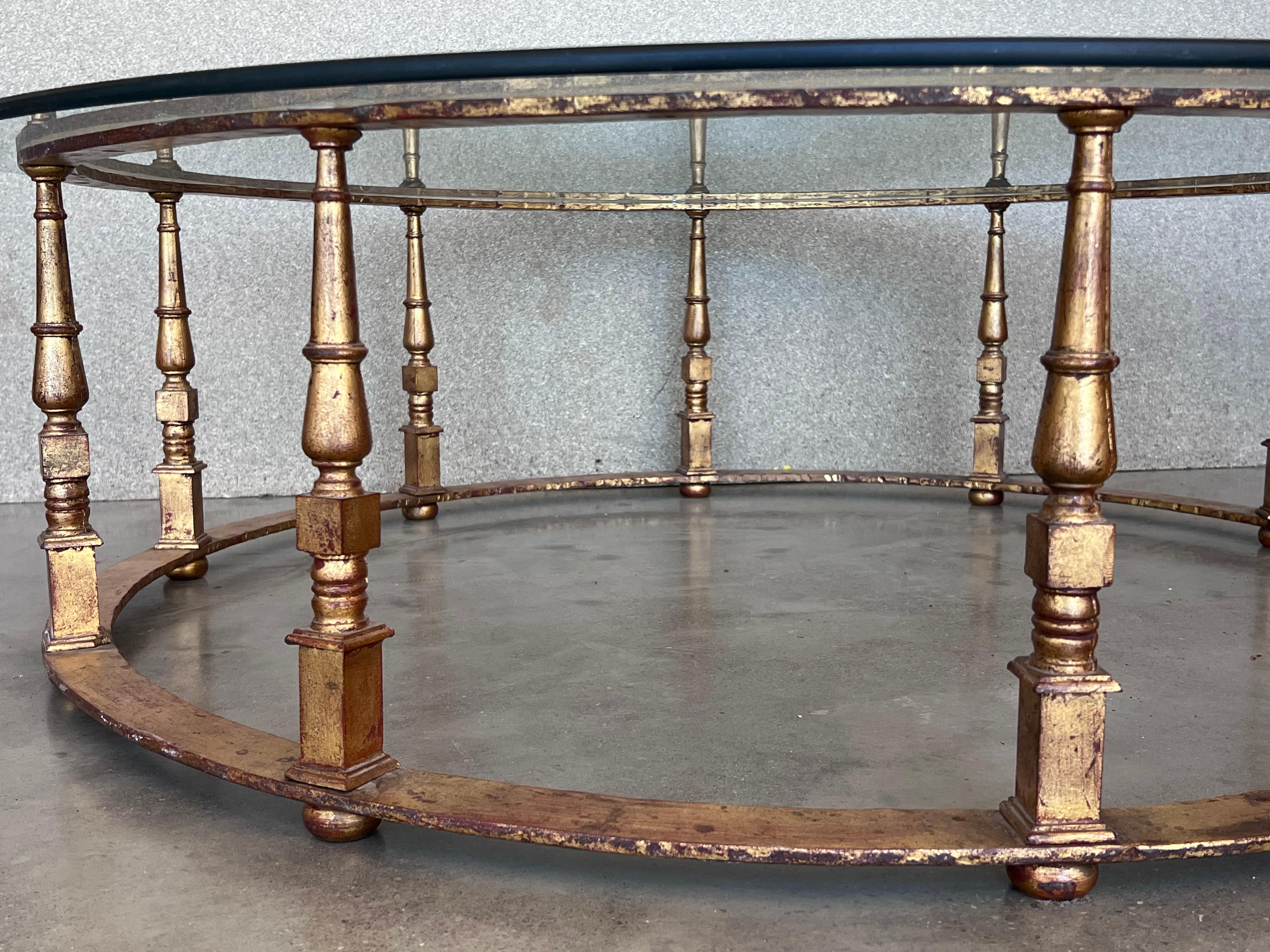 French Maison Ramsay Style Round Iron Coffee Table Gold Leaf Finishing with Glass Top