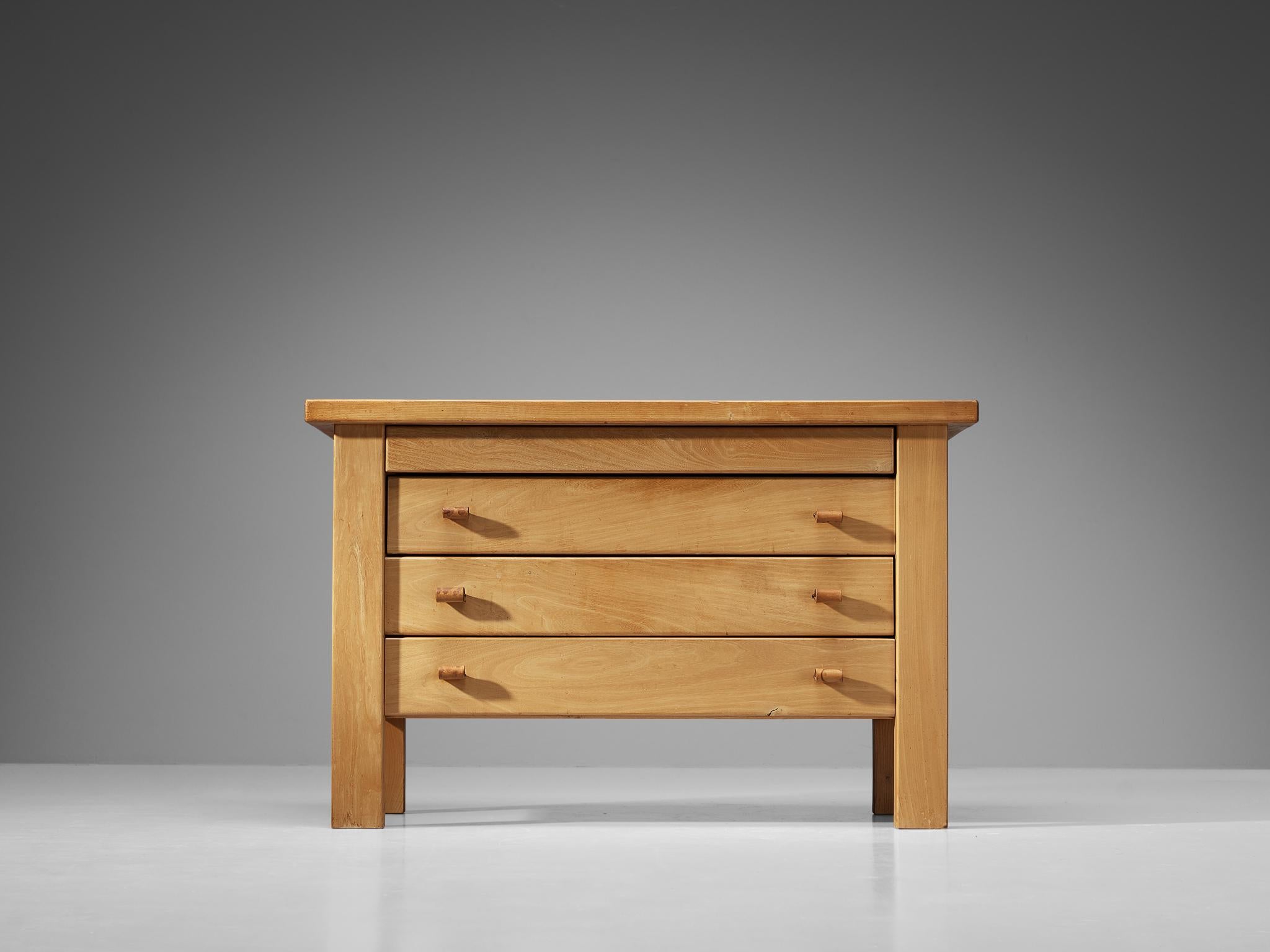 French Maison Regain Chest of Drawers in Solid Elm and Leather Details 