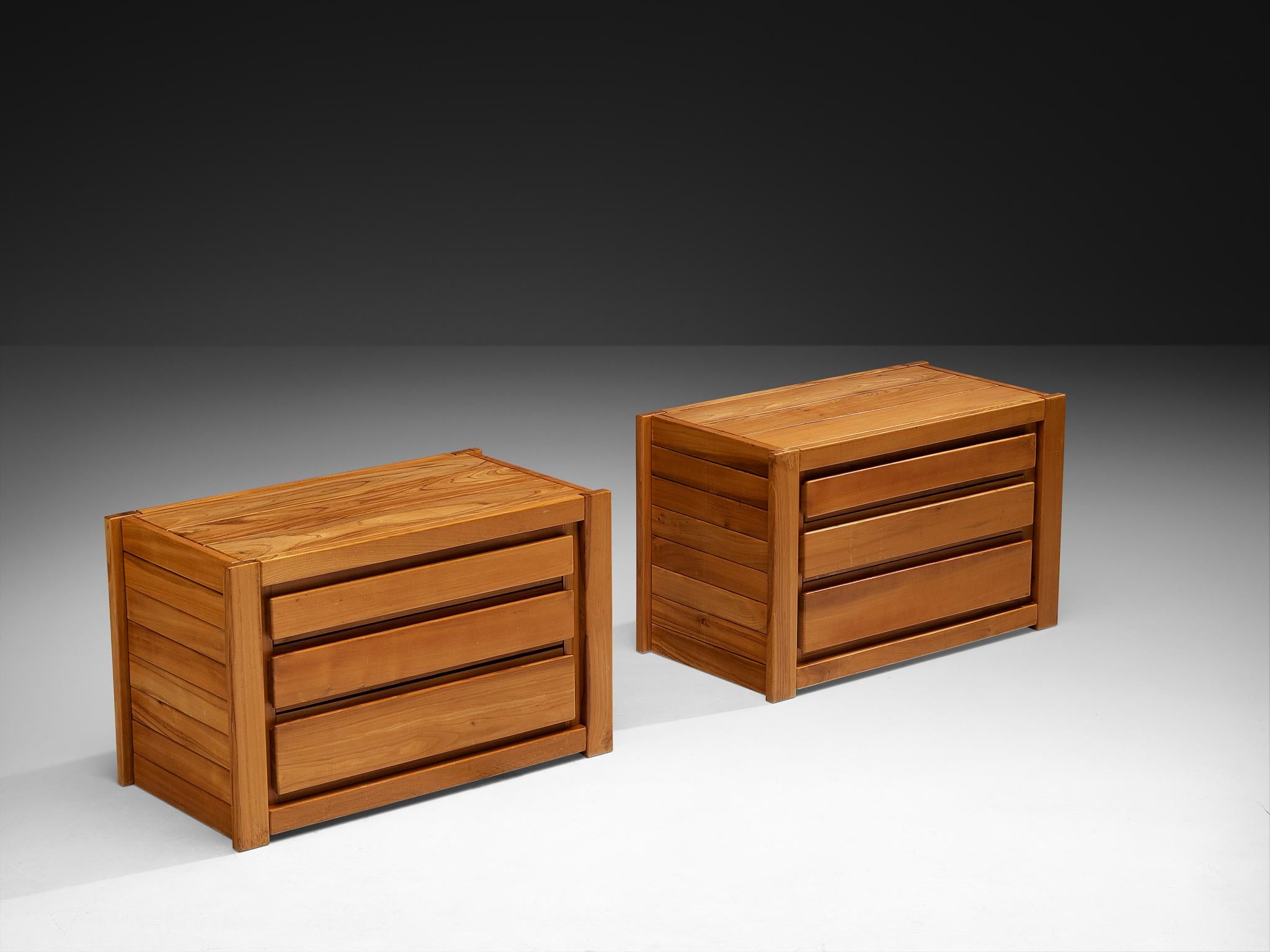 Maison Regain, chests of drawers or night stands, solid elm, France, 1970s

Stunning French storage units executed in solid elm, designed by Maison Regain. The set is sturdy and combines a simplified yet complex design with nifty, solid construction