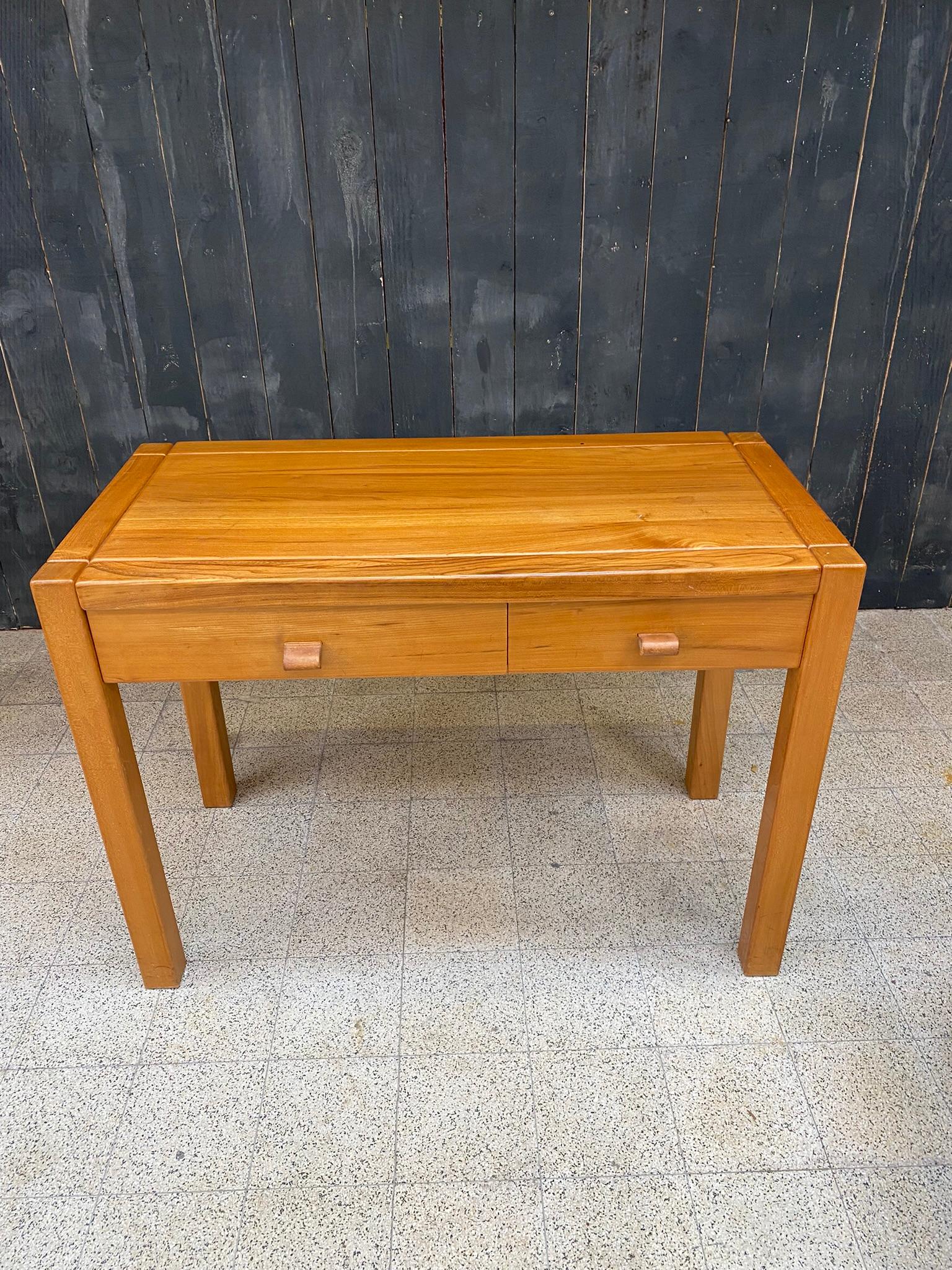 Maison Regain, desk table, or side table in solid elm, leather handles circa 1960.