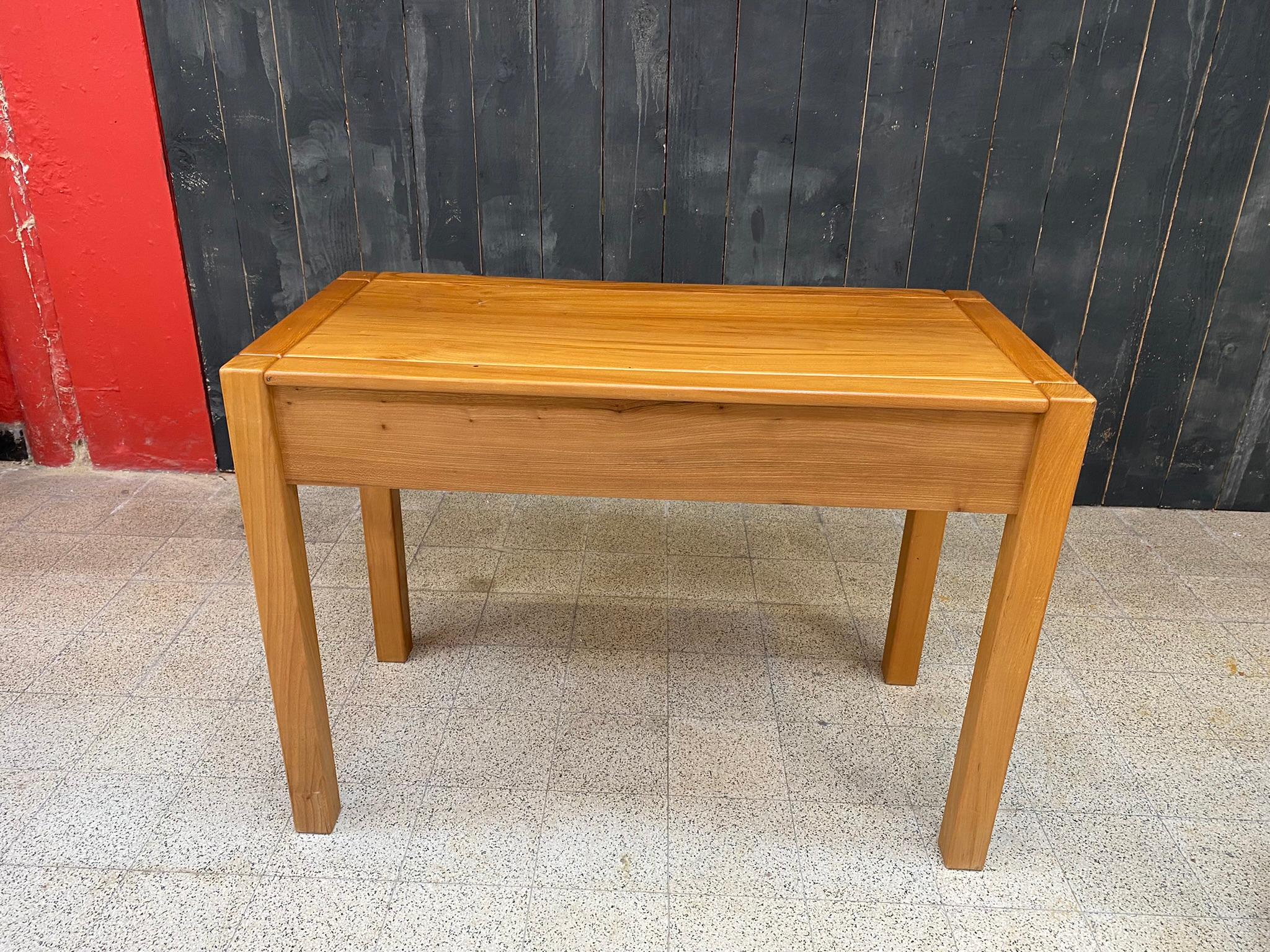 Mid-Century Modern Maison Regain, Desk Table, or Side Table in Solid Elm, Leather Handles