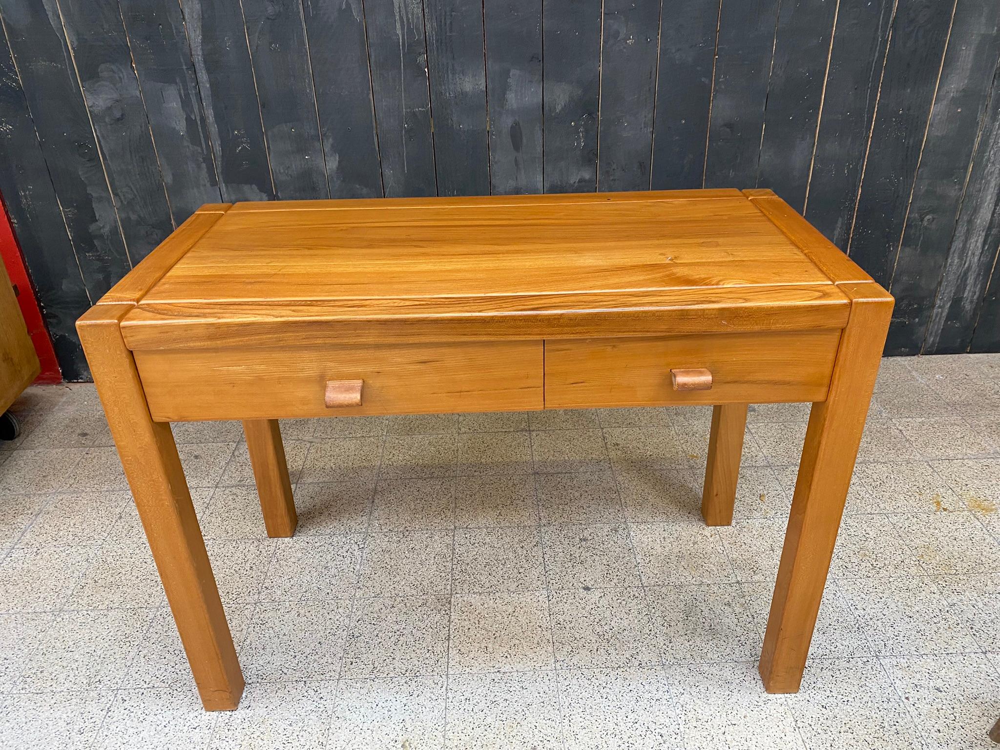 French Maison Regain, Desk Table, or Side Table in Solid Elm, Leather Handles