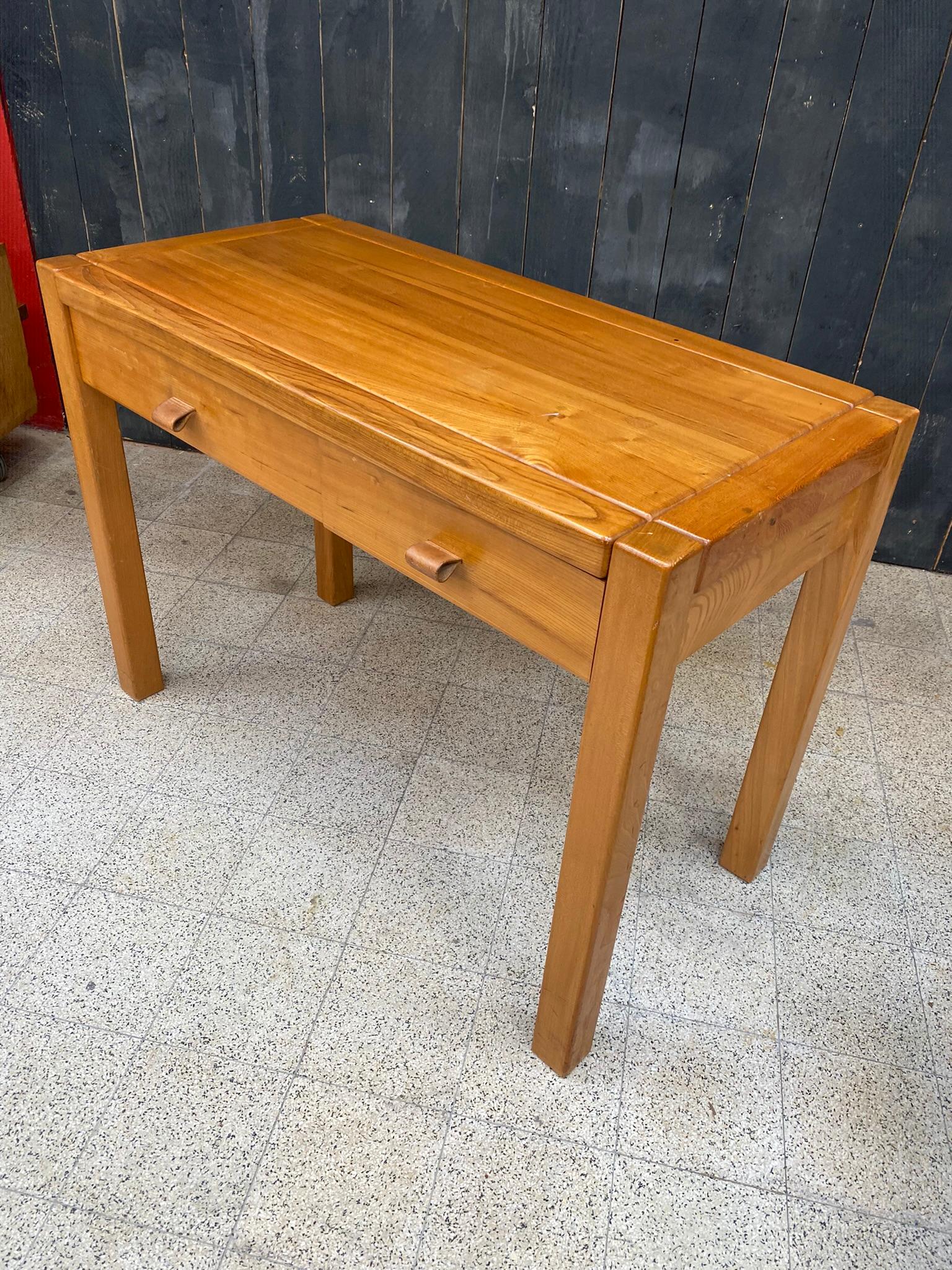 Maison Regain, Desk Table, or Side Table in Solid Elm, Leather Handles In Good Condition In Saint-Ouen, FR