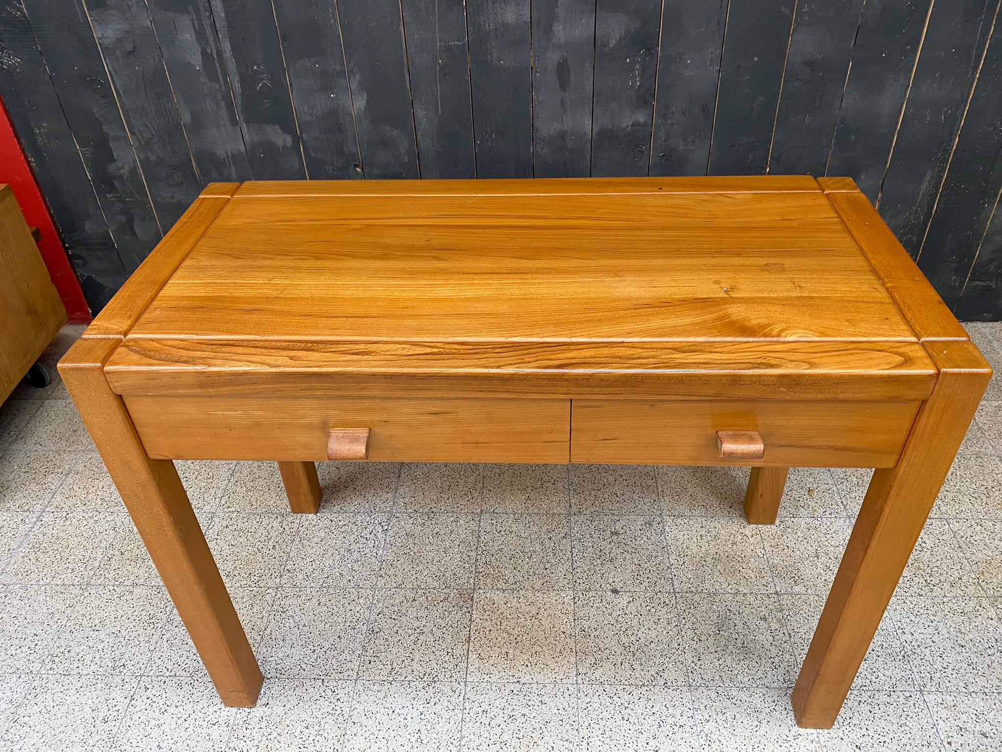 Mid-20th Century Maison Regain, Desk Table, or Side Table in Solid Elm, Leather Handles