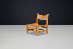 Maison Regain Easy Chair in Solid Elm and Patinated Cognac Leather, France 1960s