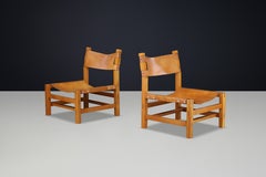 Maison Regain Easy Chairs in Solid Elm & Cognac Leather, 1960s France