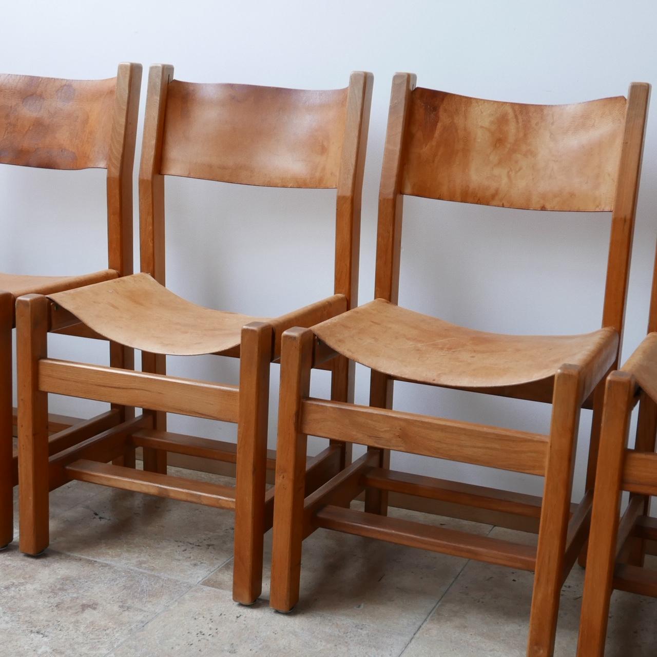 20th Century Maison Regain Elm and Leather Midcentury Dining Chairs, '6'