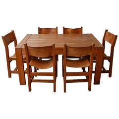 Maison Regain Elm and Leather Midcentury Dining Chairs, '6'