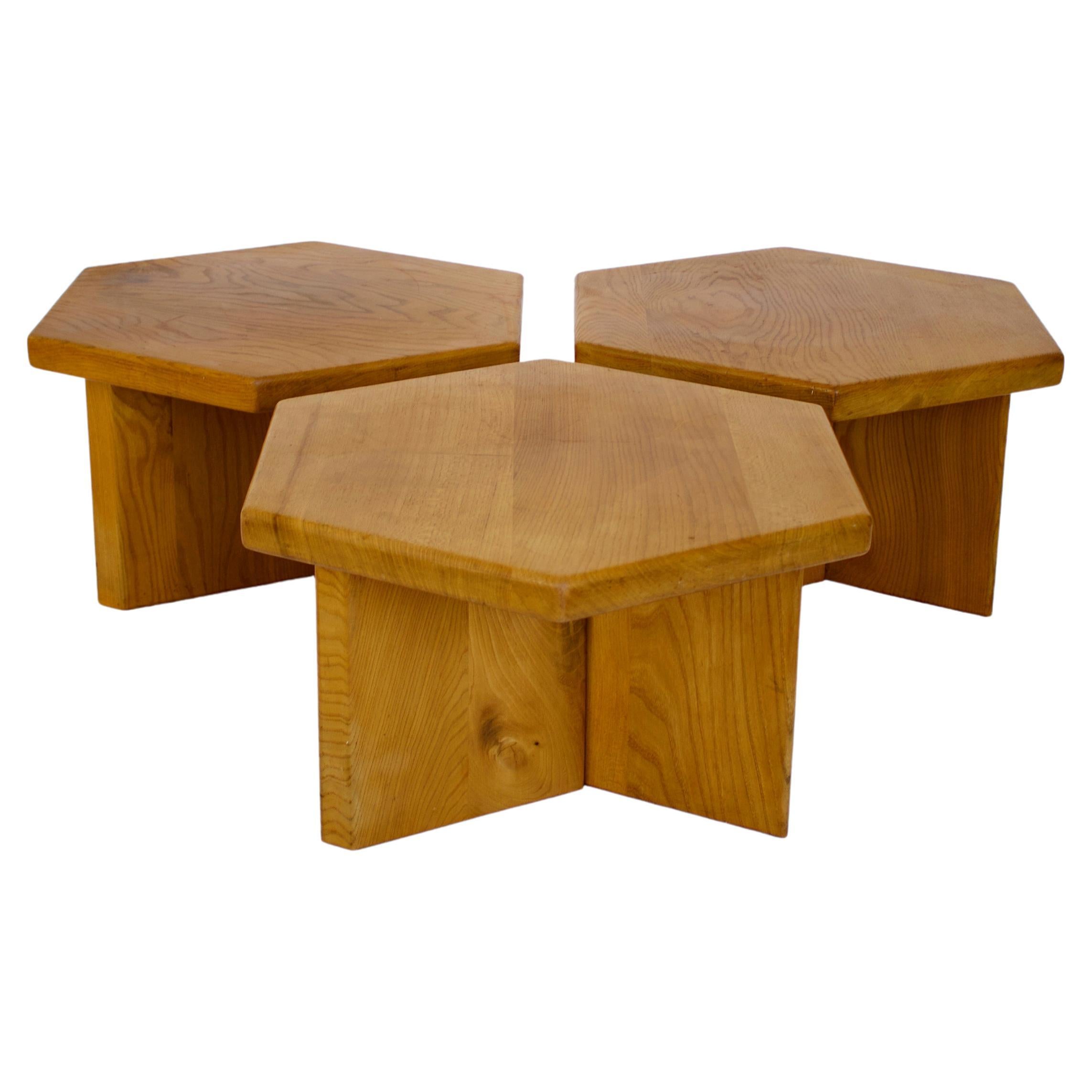 Maison Regain French Elm Wood Coffee Tables in a Series of Three at 1stDibs