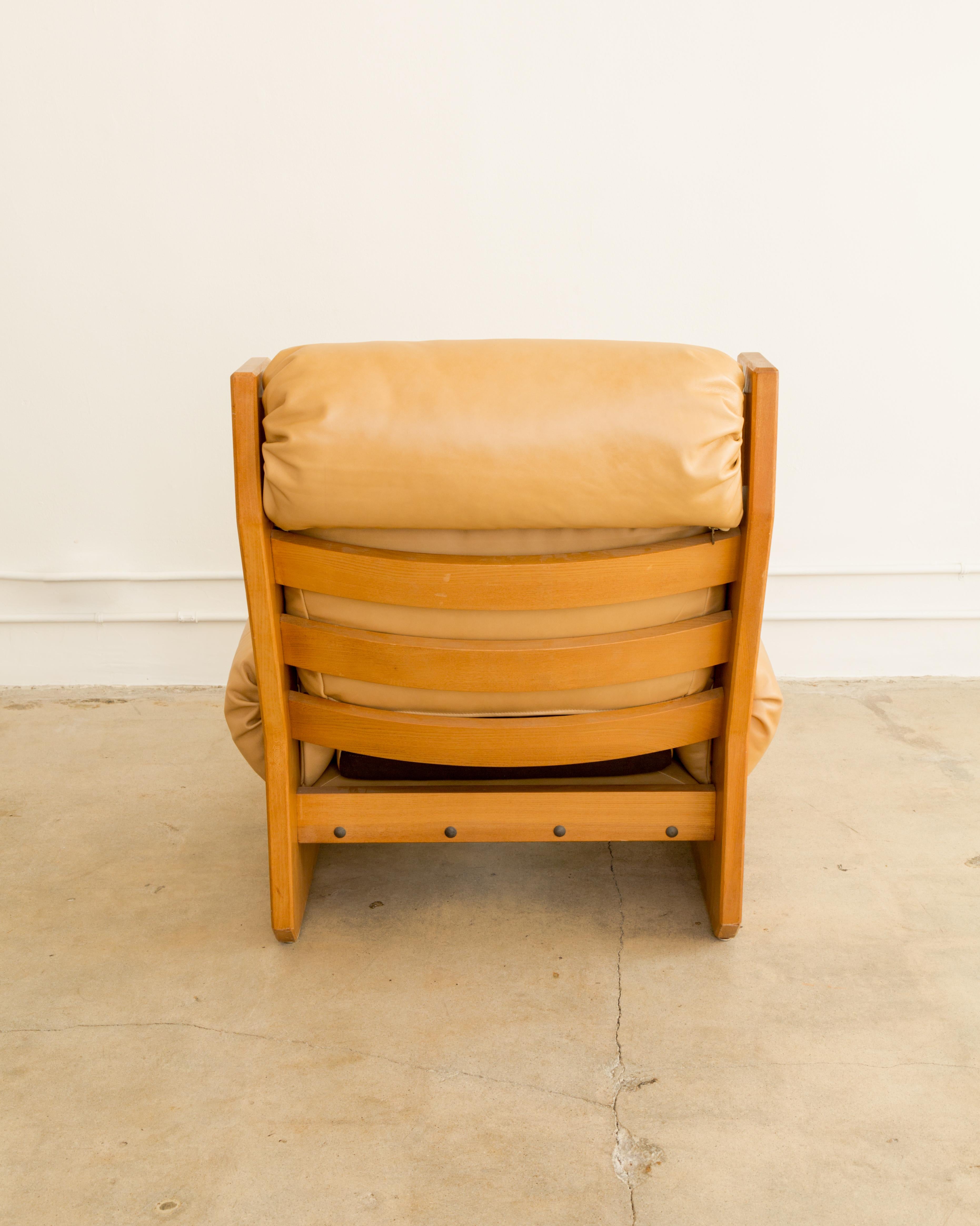 Brutalist Maison Regain  Leather + Elm Lounge Chair For Sale