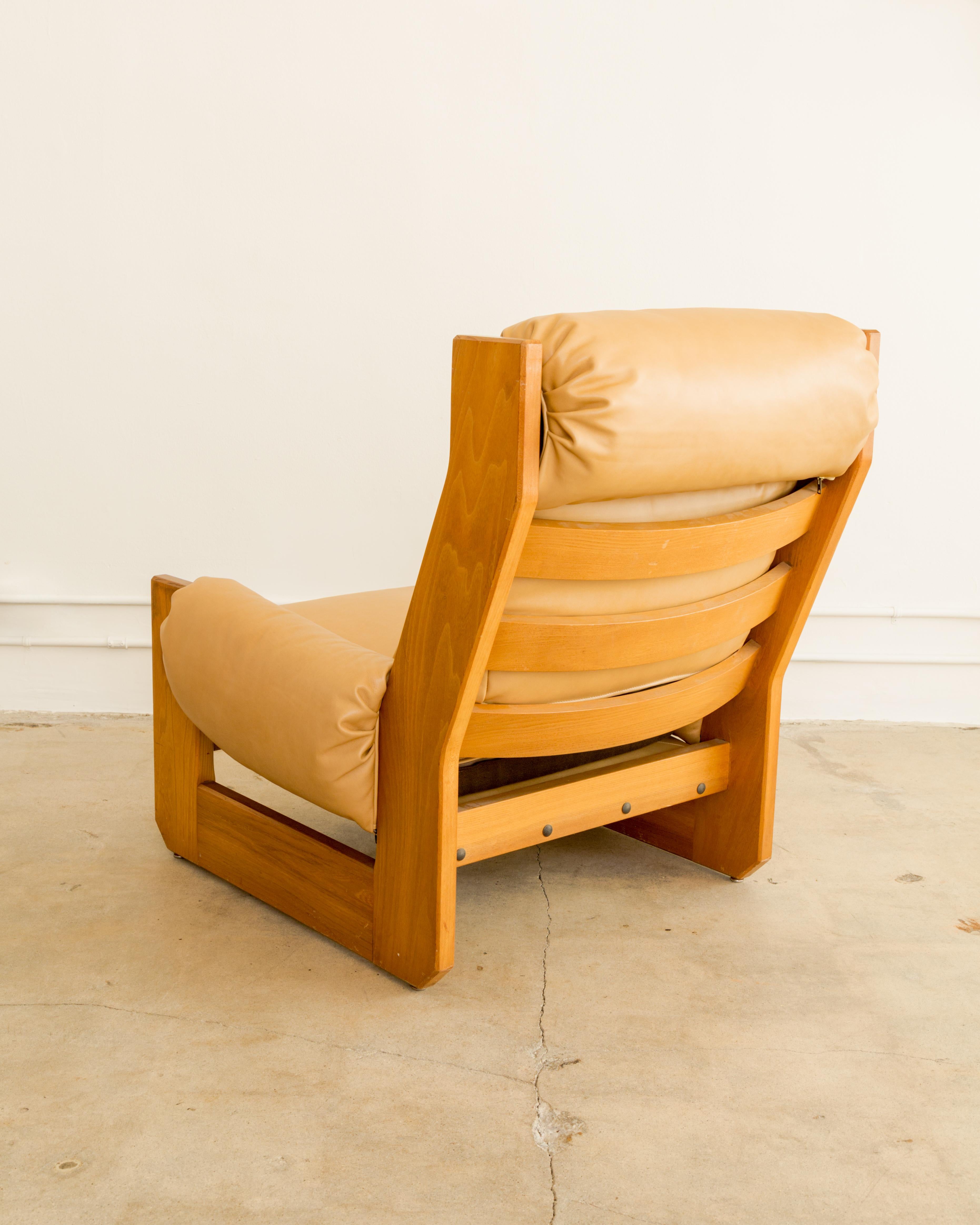 French Maison Regain  Leather + Elm Lounge Chair For Sale