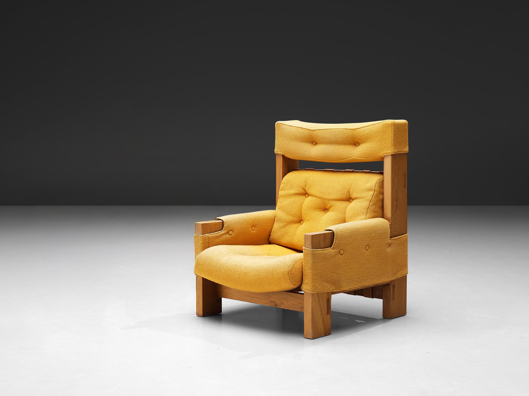 Maison Regain, Loungesessel, Ulme, Stoff, Leder, Frankreich, 1960er Jahre

Dieser schöne Loungesessel wurde in den 1960er Jahren von Maison Regain entworfen. Dieser Stuhl ist dank der quadratisch geformten großen Kissen sehr bequem. Bei diesem