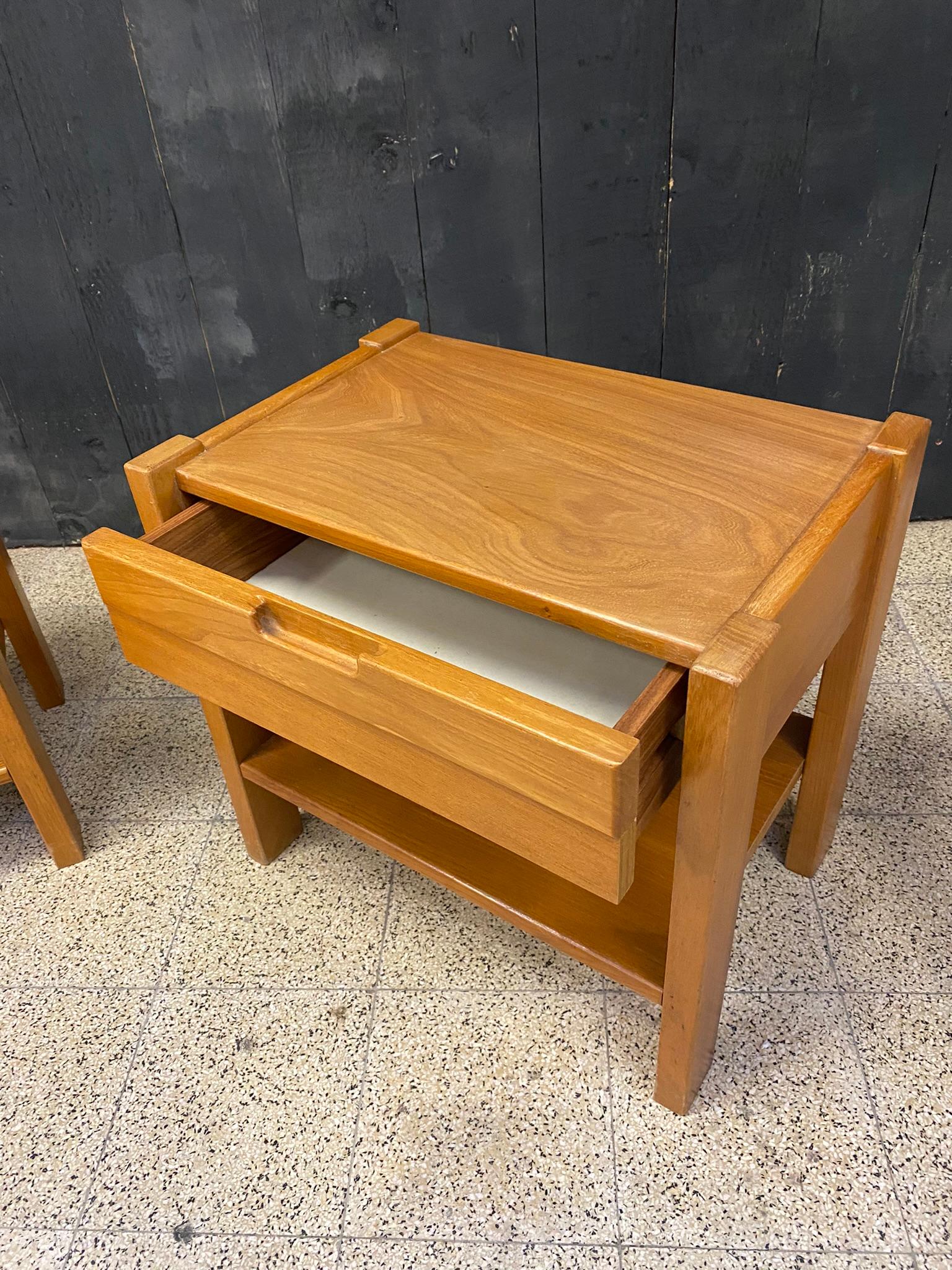 Mid-20th Century Maison Regain two Bedside Tables in Solid Elm, circa 1960 Pierre Chapo Style For Sale