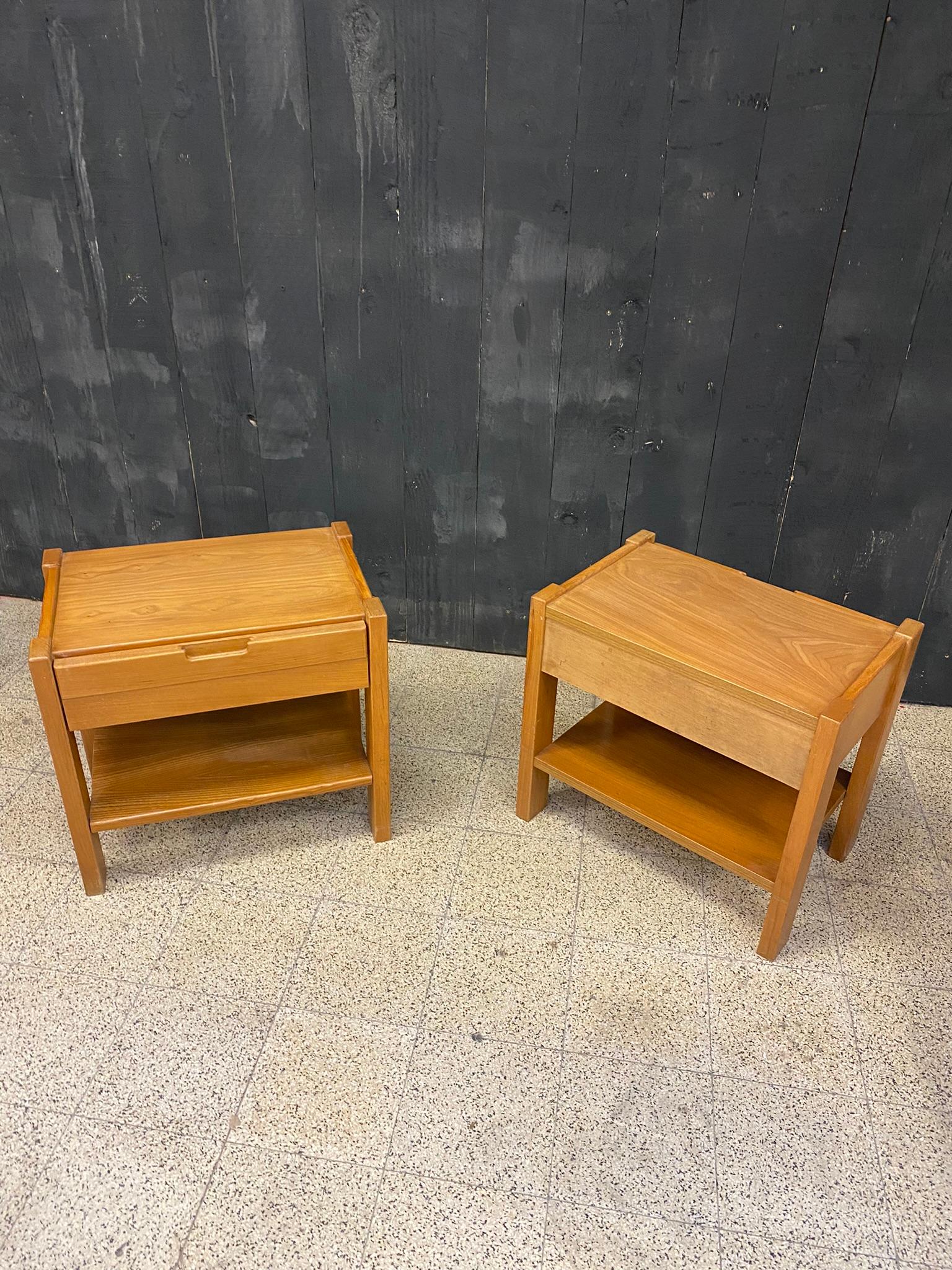 Maison Regain two Bedside Tables in Solid Elm, circa 1960 Pierre Chapo Style For Sale 1