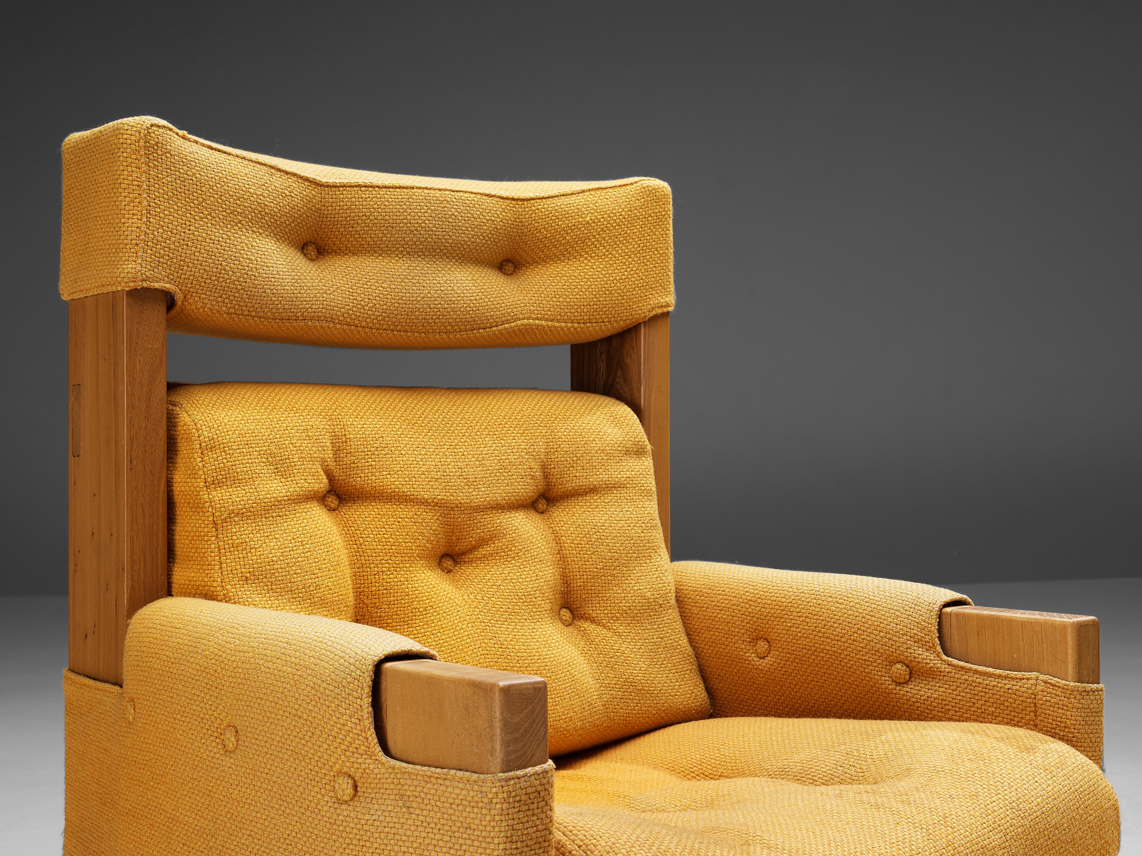 Mid-Century Modern Maison Regain Pair of Lounge Chairs in Elm and Ocher Yellow Upholstery 