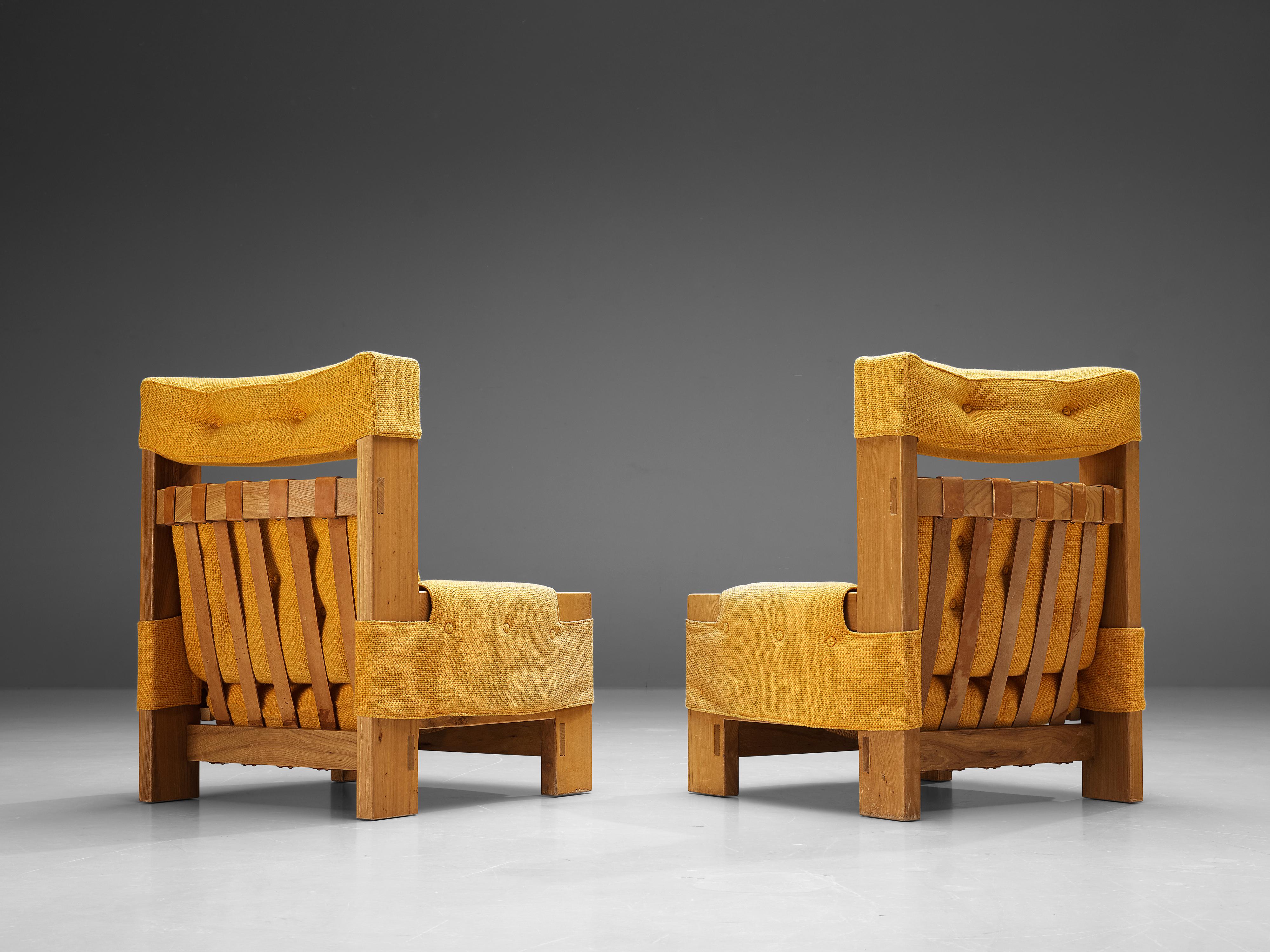 Maison Regain Pair of Lounge Chairs in Elm and Ocher Yellow Upholstery  In Good Condition In Waalwijk, NL