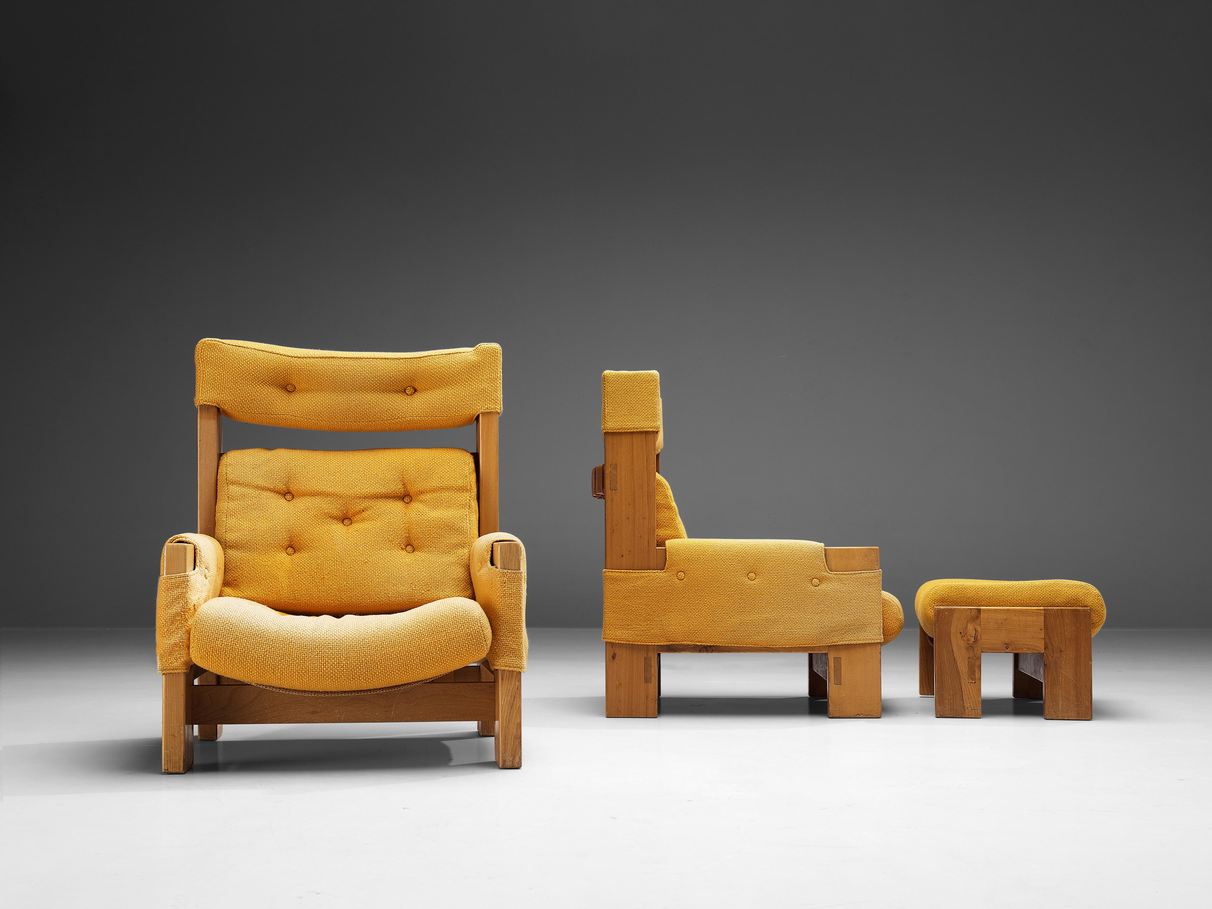 Fabric Maison Regain Pair of Lounge Chairs in Elm and Ocher Yellow Upholstery 