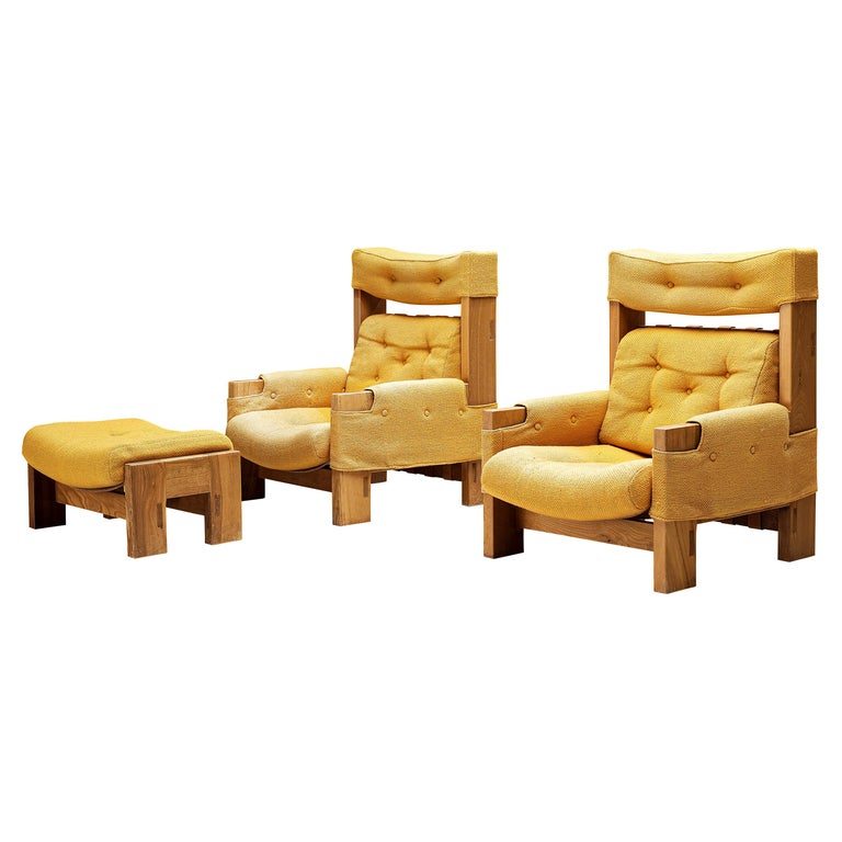 Maison Regain Pair of Lounge Chairs in Elm and Ocher Yellow Upholstery For  Sale at 1stDibs