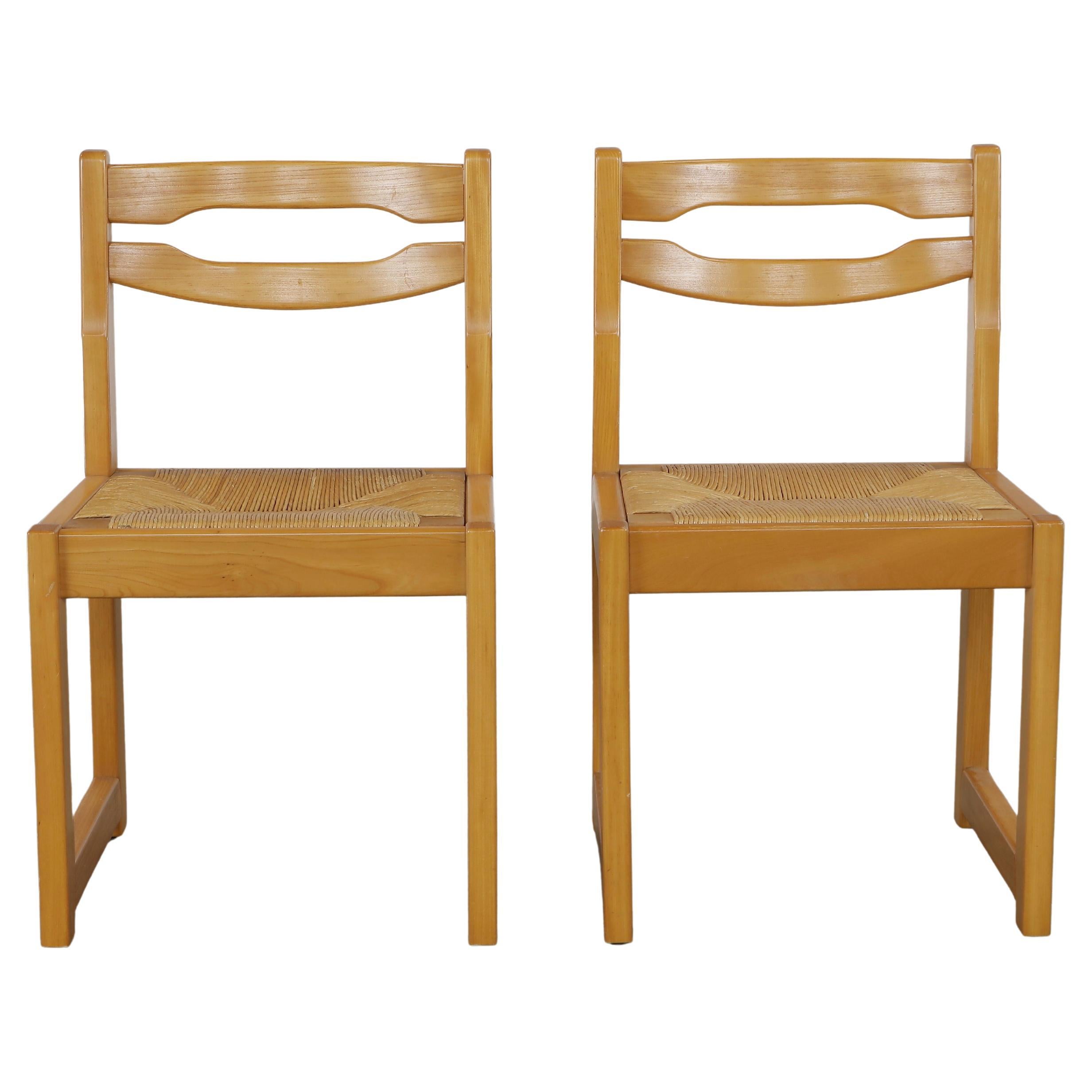Maison Regain, Pair of Wood and Straws Chairs, 1960s en venta