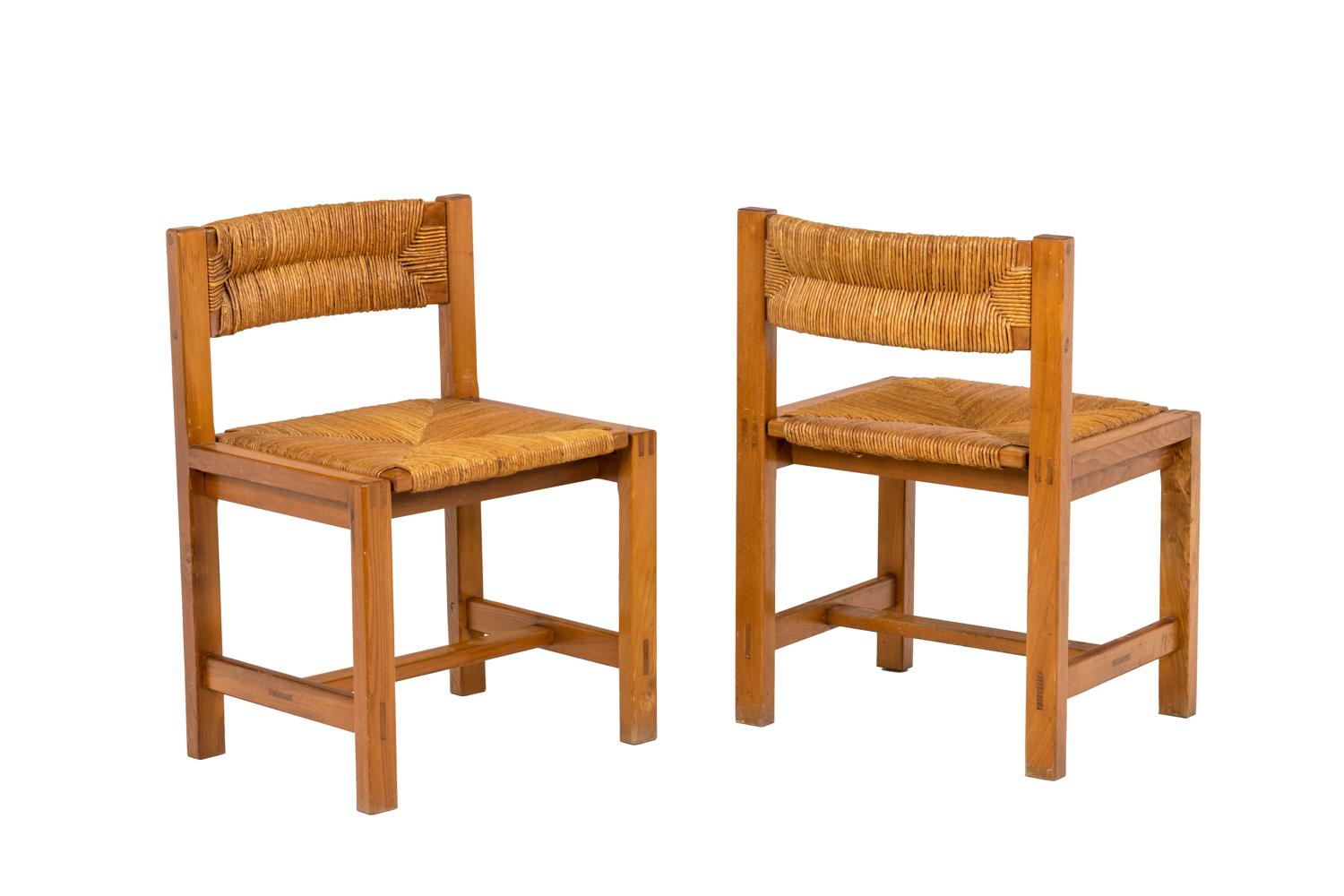 Modern Maison Regain, Series of Six Chairs in Elm and Straw, 1960's