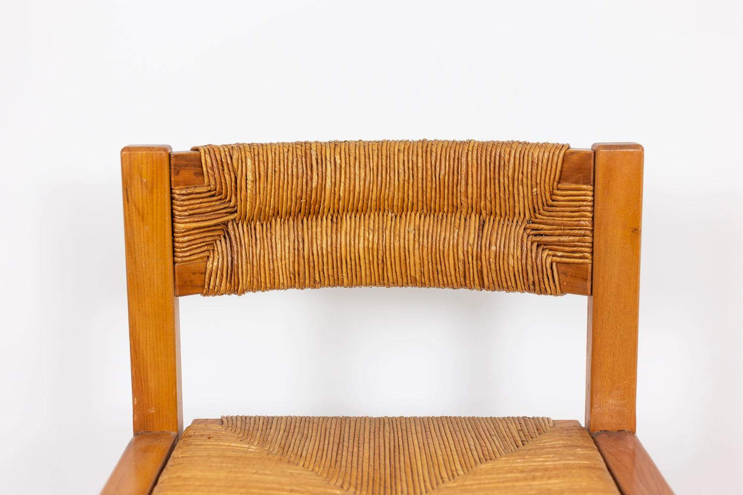 20th Century Maison Regain, Series of Six Chairs in Elm and Straw, 1960's
