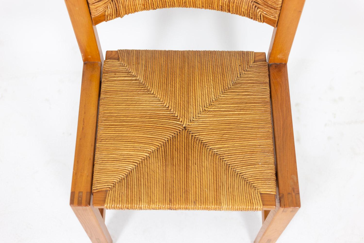 Maison Regain, Series of Six Chairs in Elm and Straw, 1960's 1