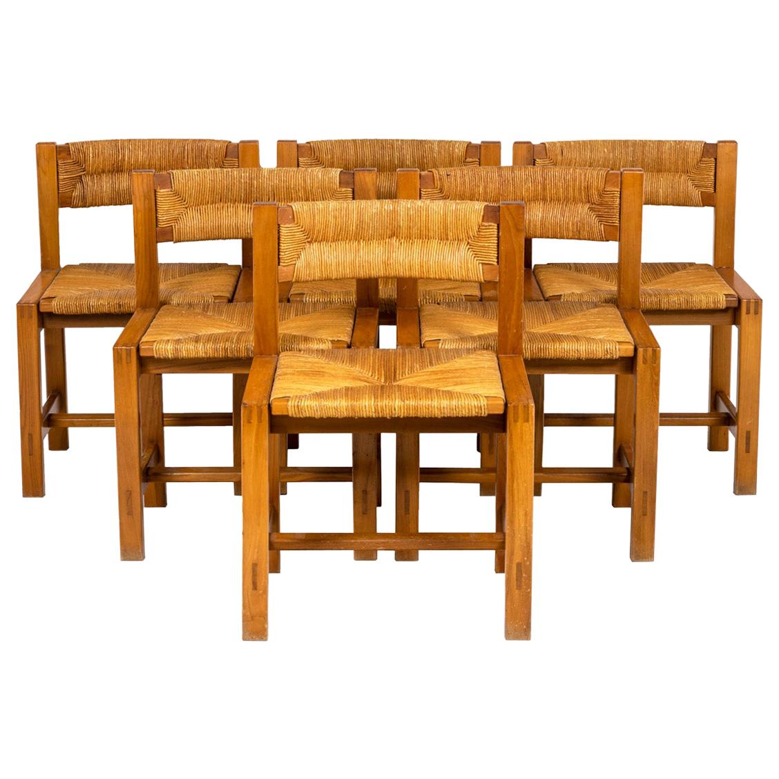 Maison Regain, Series of Six Chairs in Elm and Straw, 1960's