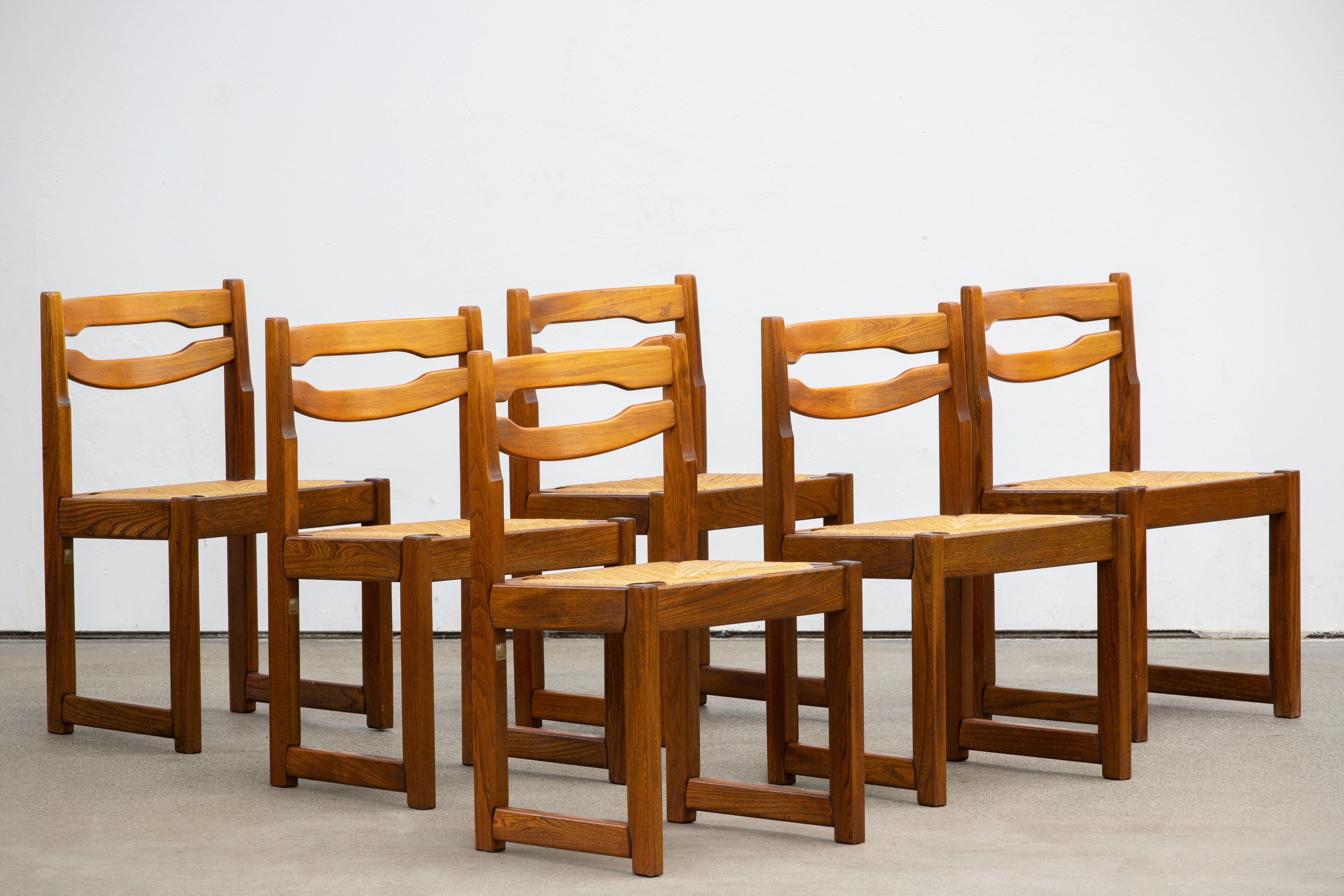 Mid-Century Modern Maison Regain Set of 6 Chairs, Solid Elm, 1970s For Sale