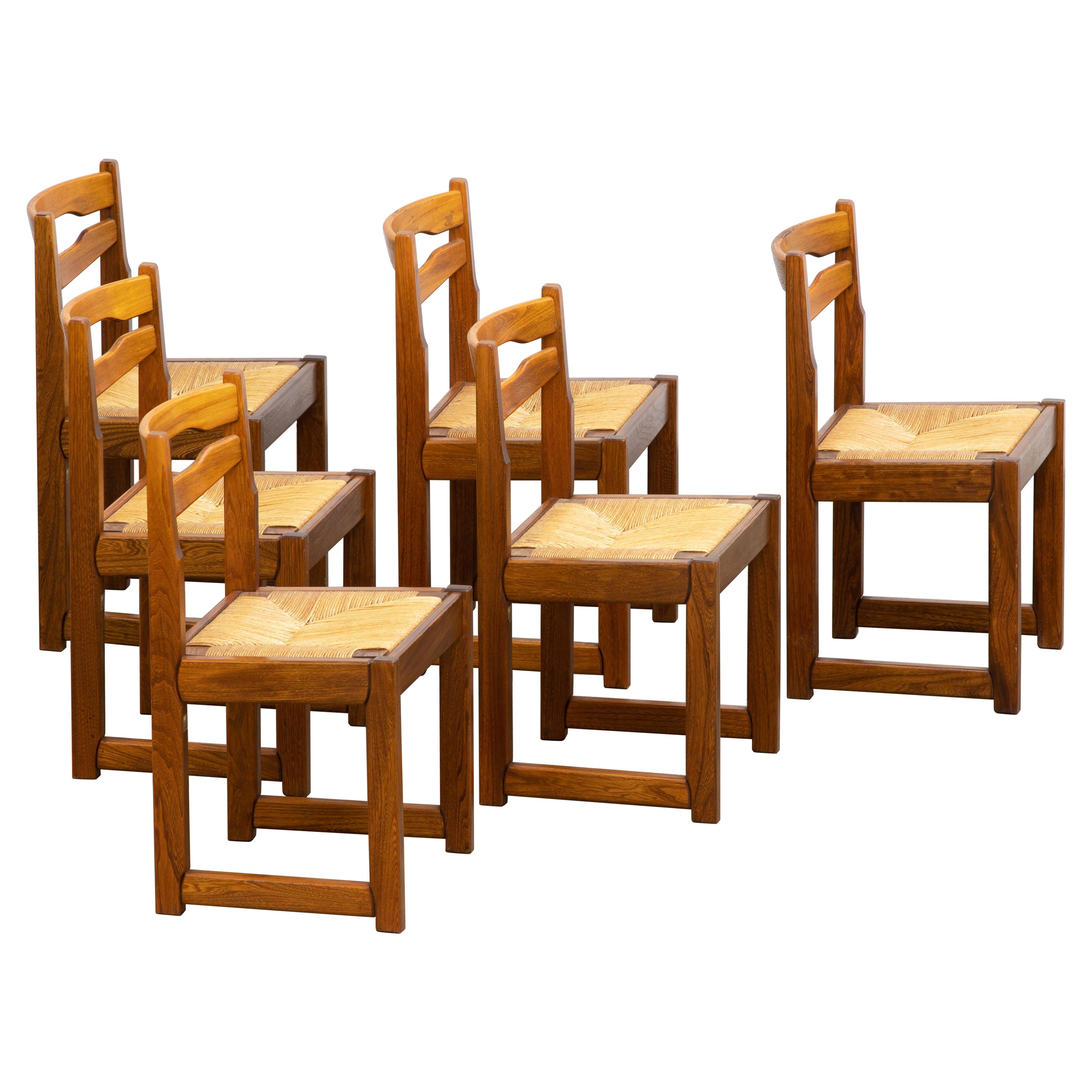 Juego de 6 sillas Maison Regain, olmo macizo, años 70